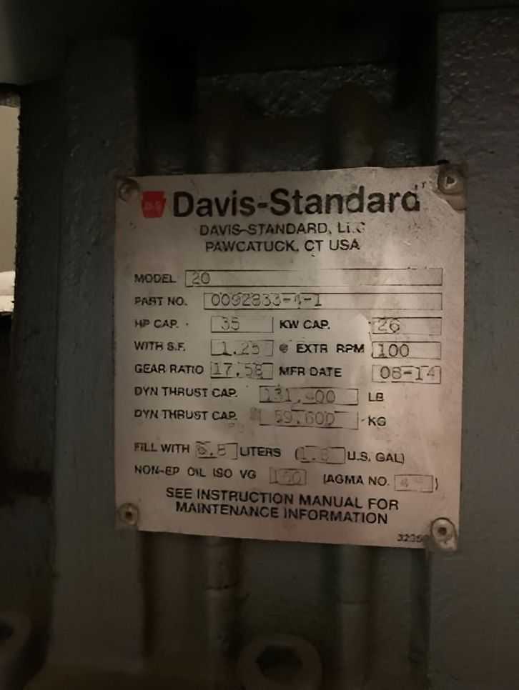 2014 DAVIS-STANDARD 20 EXTRUDER, 35 HP, 100 RPM, 17.58 RATIO, 131,400 LB THRUST - PLASTICS & RUBBER