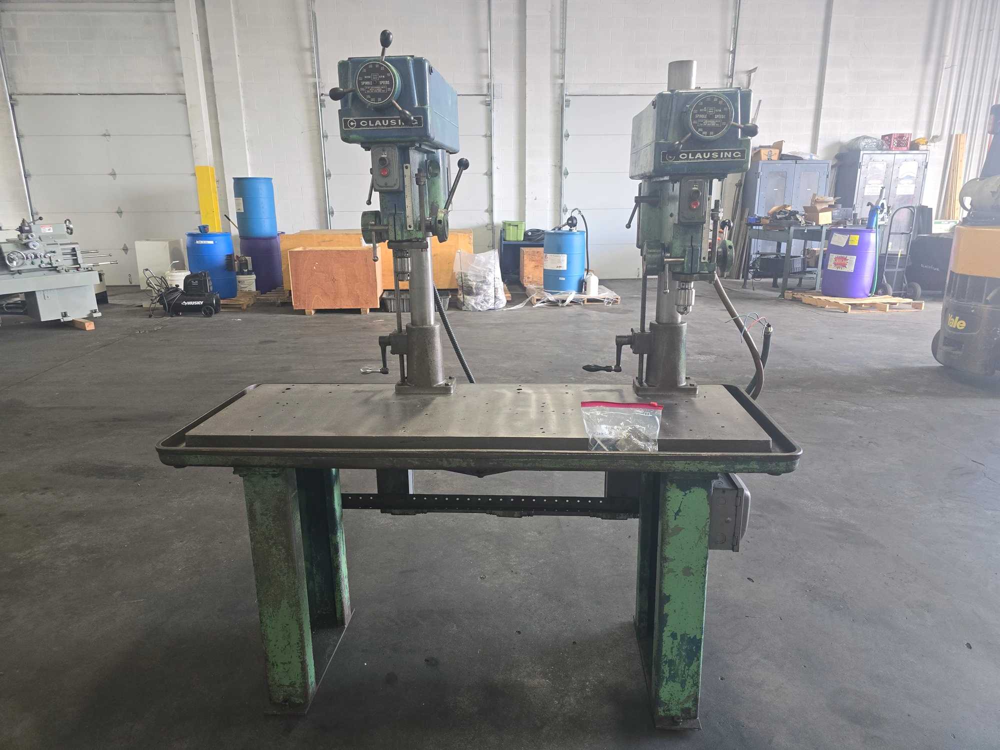 CLAUSING 1666 DUAL SPINDLE DRILL PRESS ON PRODUCTION TABLE - UPRIGHT DRILL PRESSES