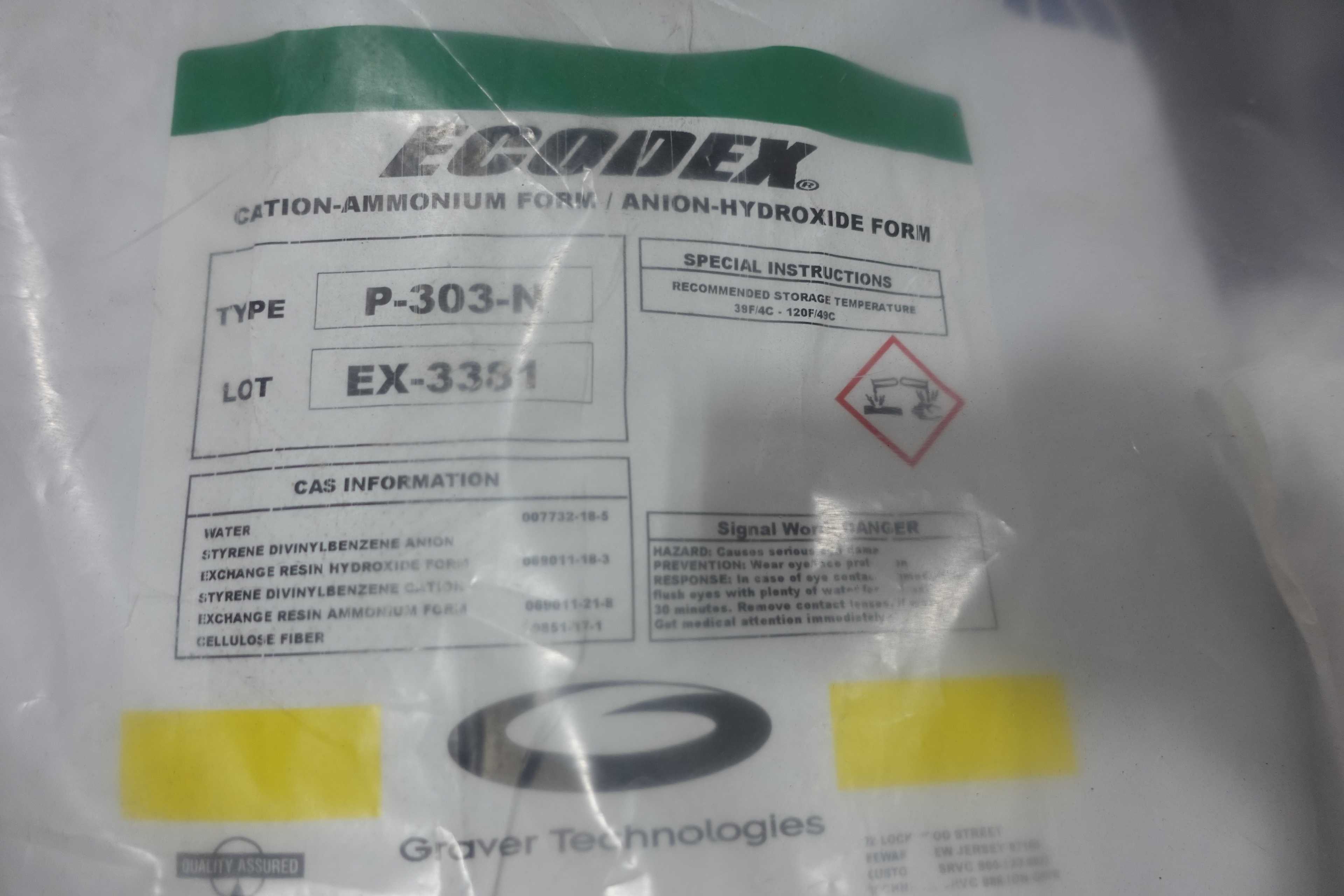 SKU 1760798 - 2 PALLETS OF ECODEX CATION-AMMONIUM FORM AND ANION-HYDROXIDE FORM EXCHANGE RESIN - MISCELLANEOUS