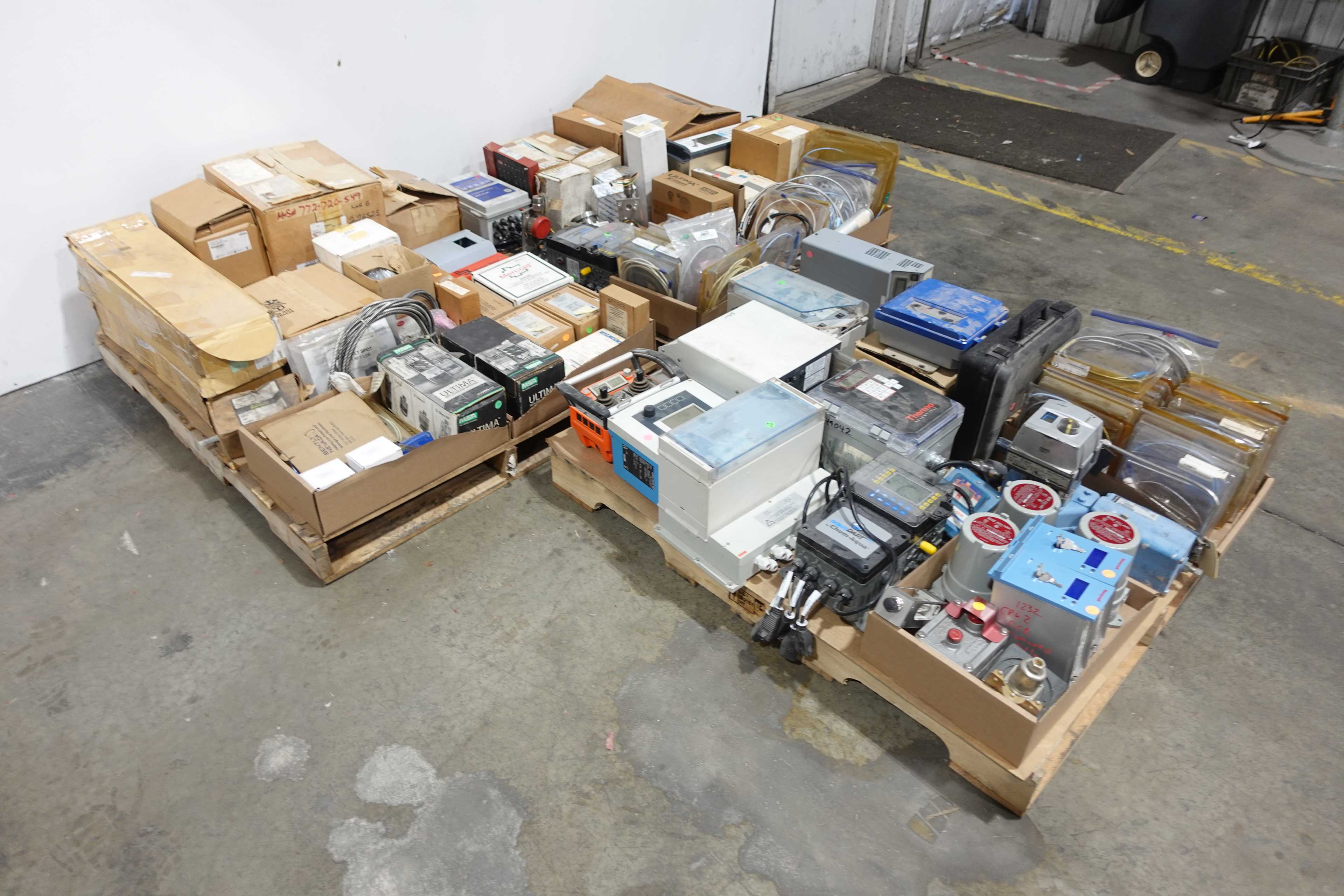 3 PALLETS OF ASSORTED INSTRUMENTATION, PROBES, SENSORS, SWITCHES, METERS, MONITORS - INSTRUMENTATION