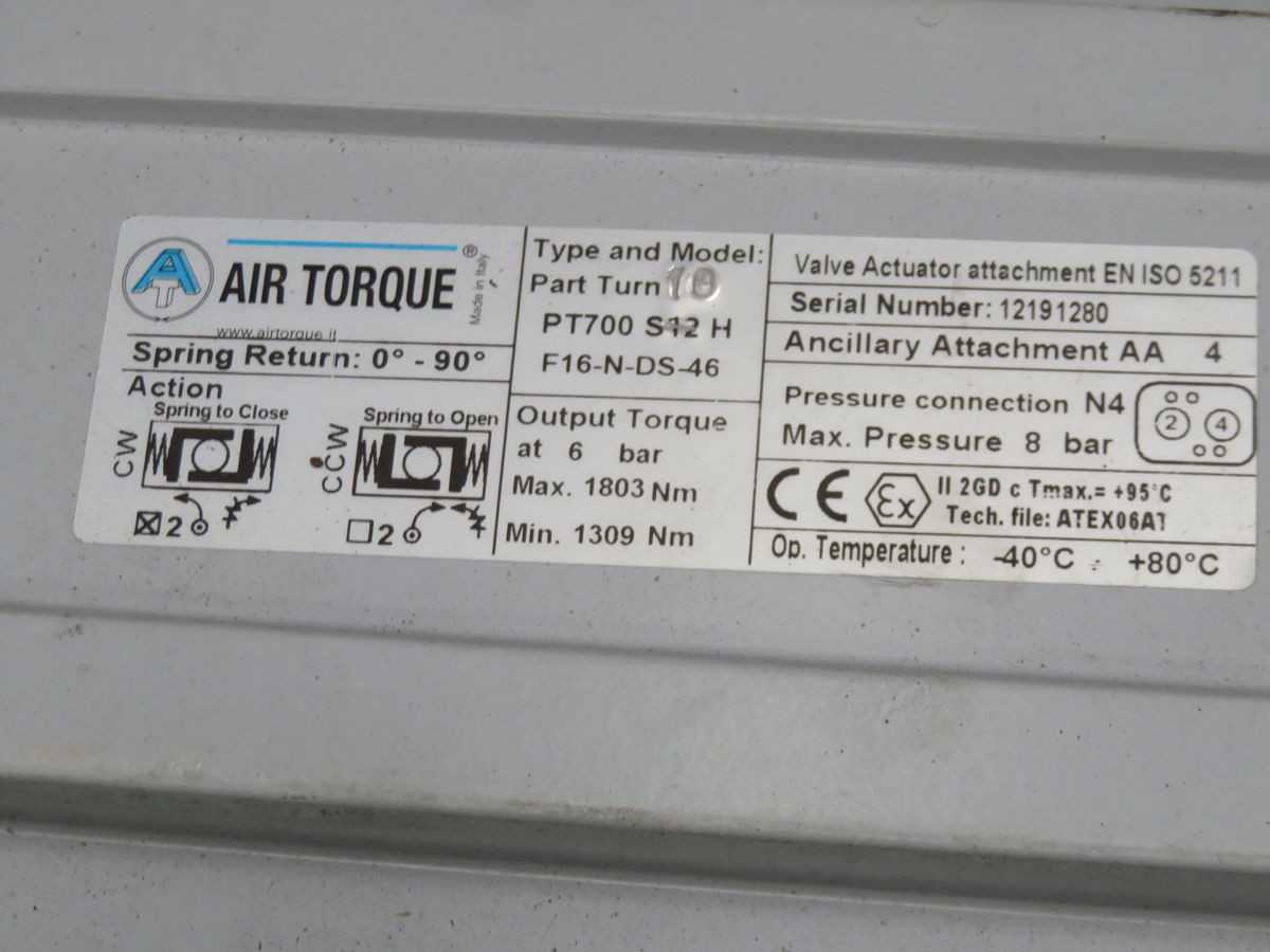 AIR TORQUE PT700 S12 PNEUMATIC VALVE ACTUATOR, 1309-1803 NM TORQUE, 8 BAR MAX PRESS, ISO 5211 F16 MTG - VALVE & ACTUATOR ASSEMBLY