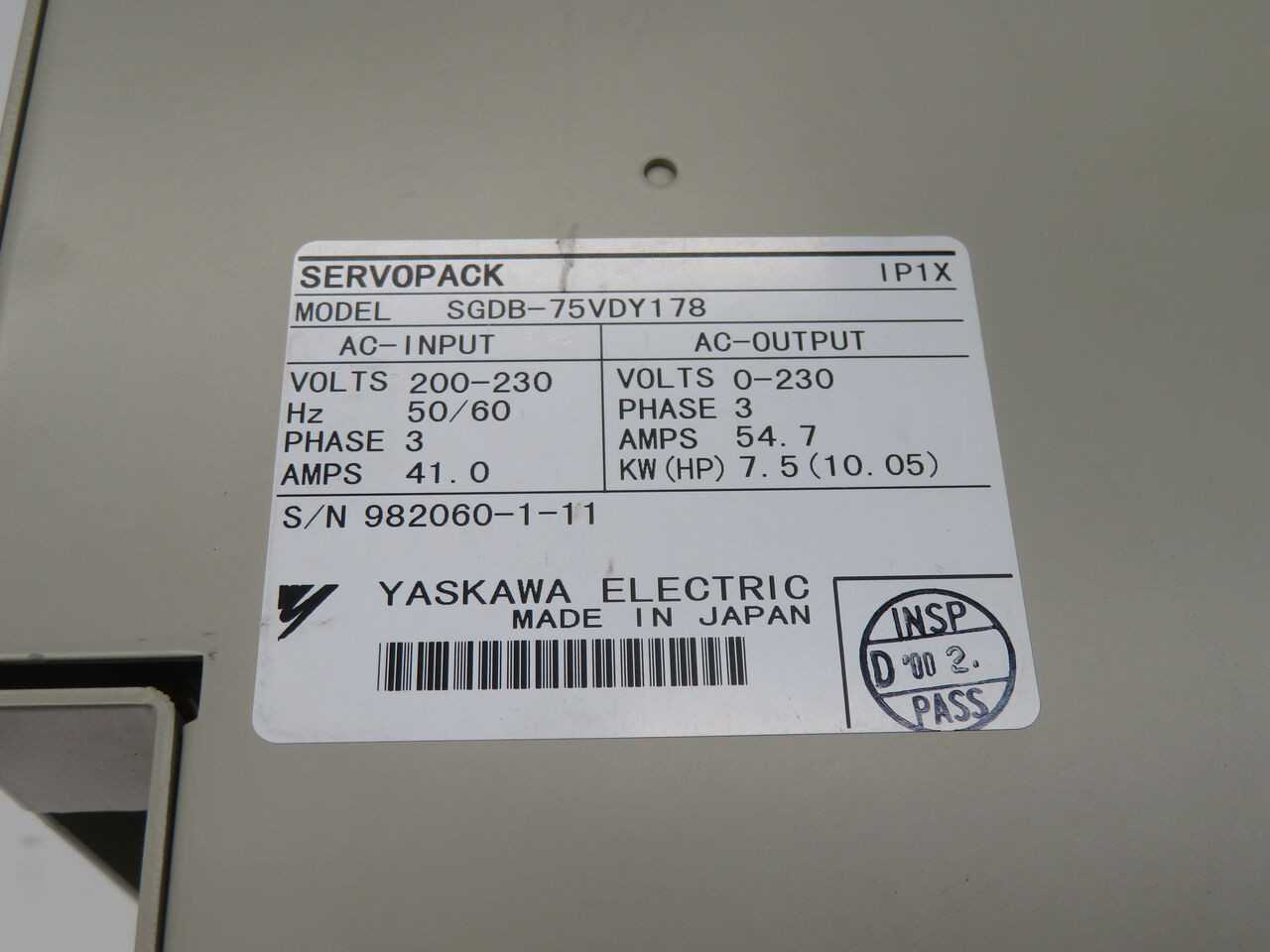 YASKAWA SGDB-75VDY178, OTHER DRIVES, 7.5 KW RATED POWER, 220-230 VAC INPUT, 0-230 VAC OUTPUT - SERVO