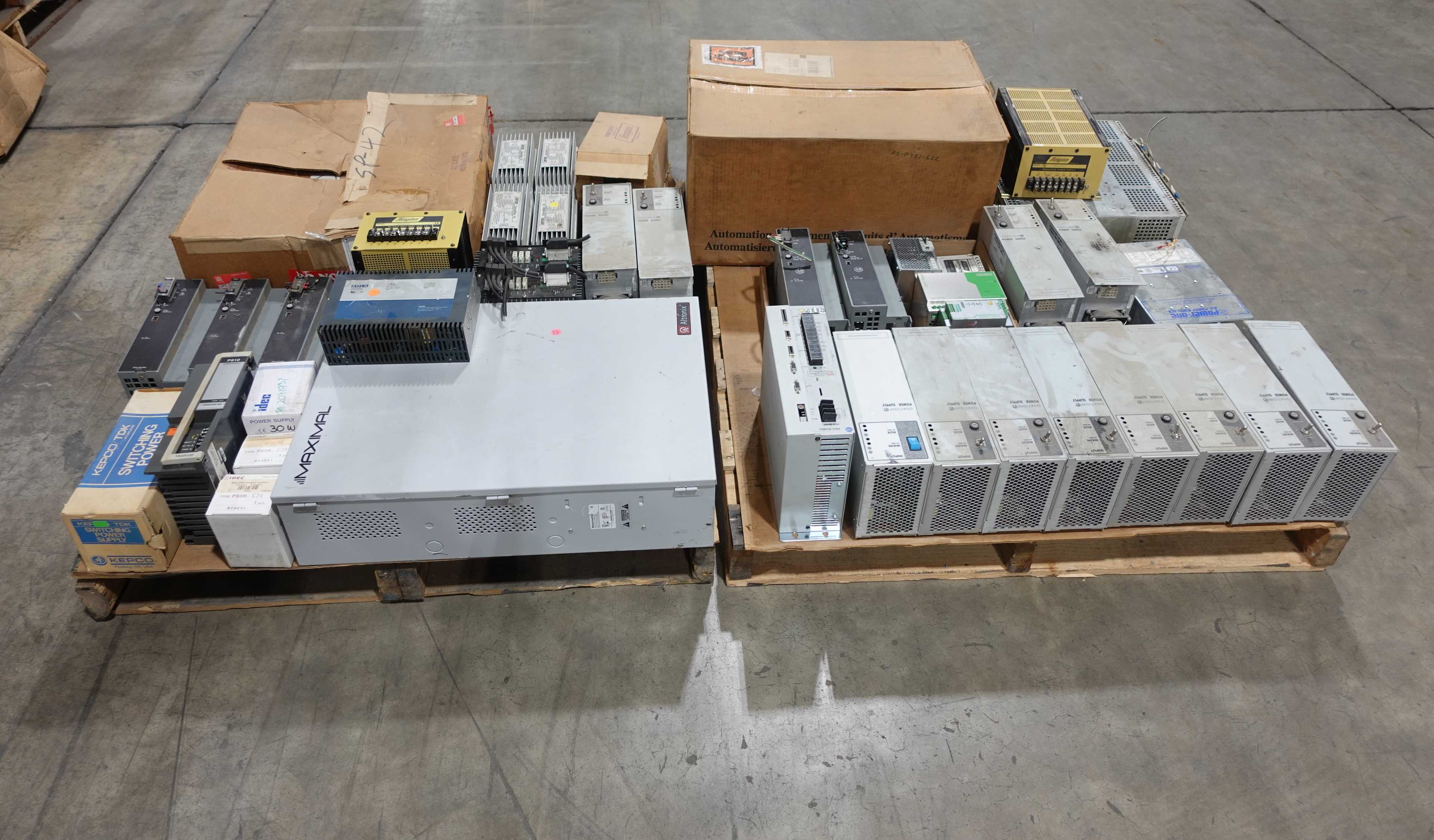 2 PALLETS OF ASSORTED POWER SUPPLIES, OVATION, ACOPIAN, AB, SOLA, LENZE, ALTRONIX, IDEC, KEPCO - POWER SUPPLIES