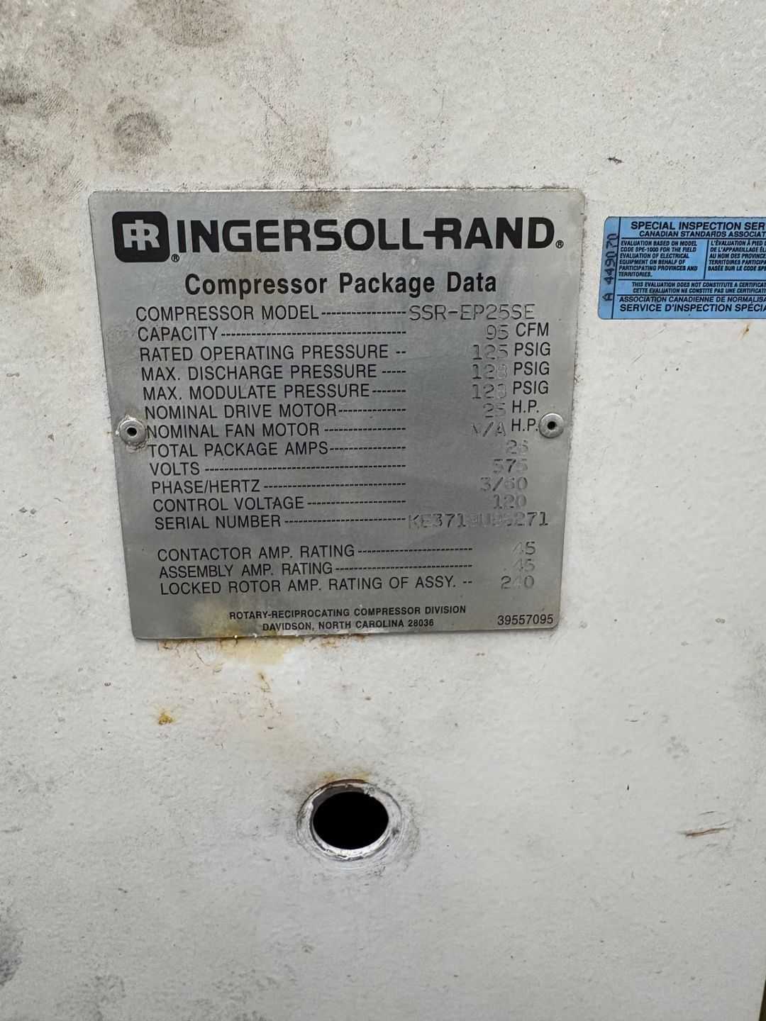 INGERSOLL RAND SSR-EP25SE ROTARY SCREW AIR COMPRESSOR, 25HP, 95CFM, 125PSIG, 460/575V, 3PH - STATIONARY AIR COMPRESSOR