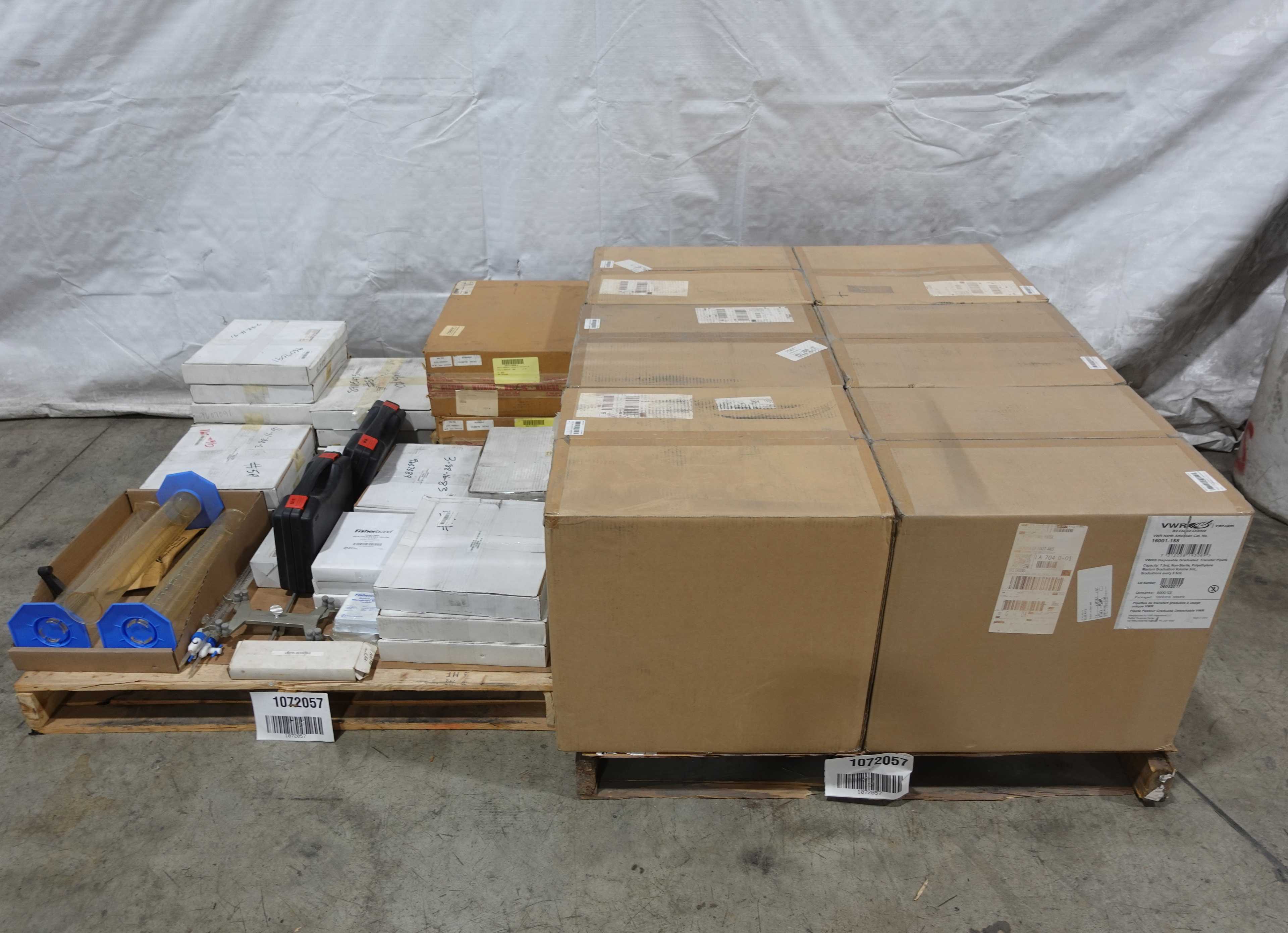 SKU 1072057 - 3 PALLETS OF ASSORTED SCIENTIFIC GLASSWARE AND TEST KIT EQUIPMENT - LAB & SCIENTIFIC