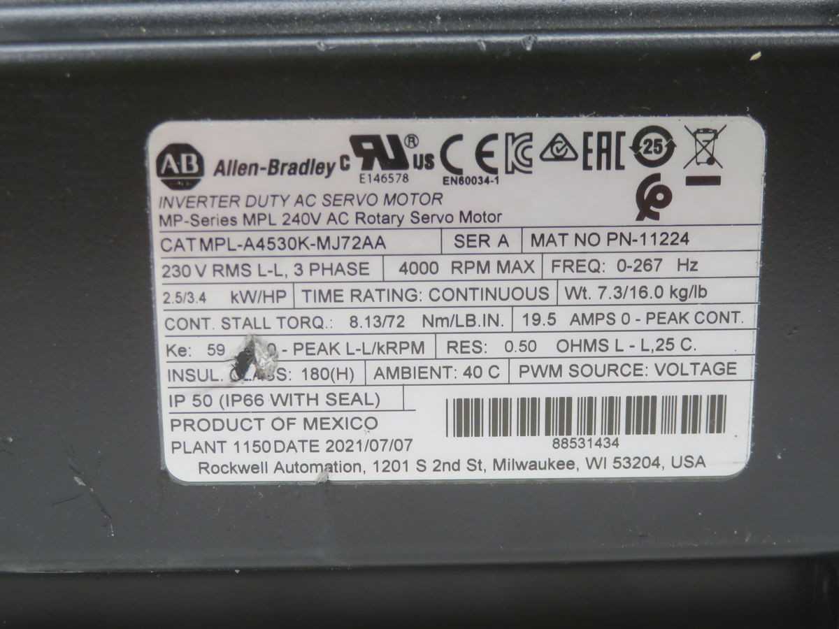 ALLEN BRADLEY MPL-A4530K-MJ72AA SERVO MOTOR, 2.5 KW POWER, 10.9 NM TORQUE, 3000 RPM SPEED - SERVO MOTORS