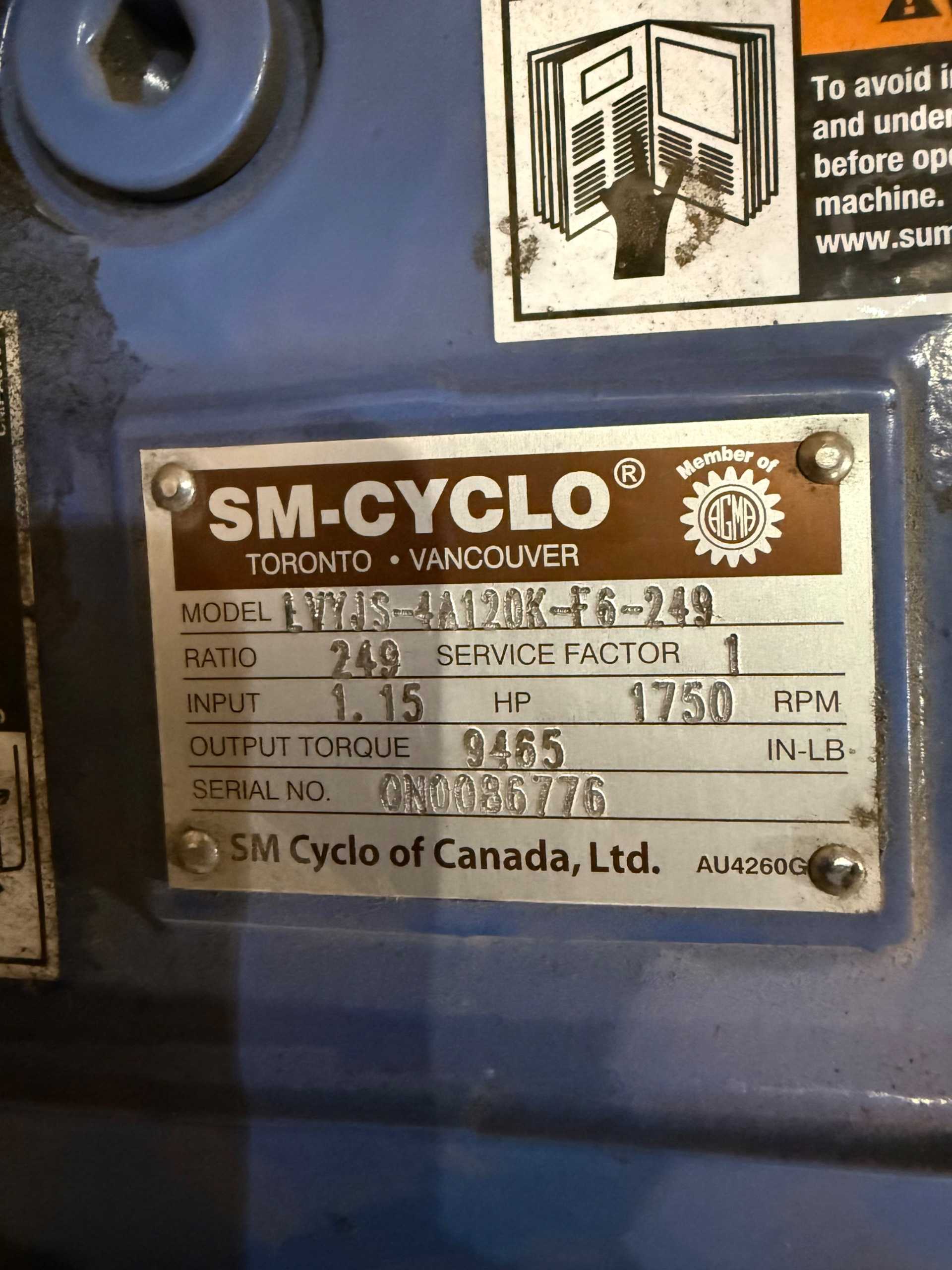 Sm-Cyclo LVYJS-4A120K-F6-249 Gear Reducer 249:1, 1.15HP, 1750RPM, 9465in-lb - INLINE GEAR REDUCER