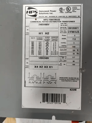 HPS FORTRESS 7.5 KVA 1 PH COMMERCIAL POTTED DISTRIBUTION TRANSFORMER 240/480V PRI, 120/240V SEC - MACHINE TOOLING