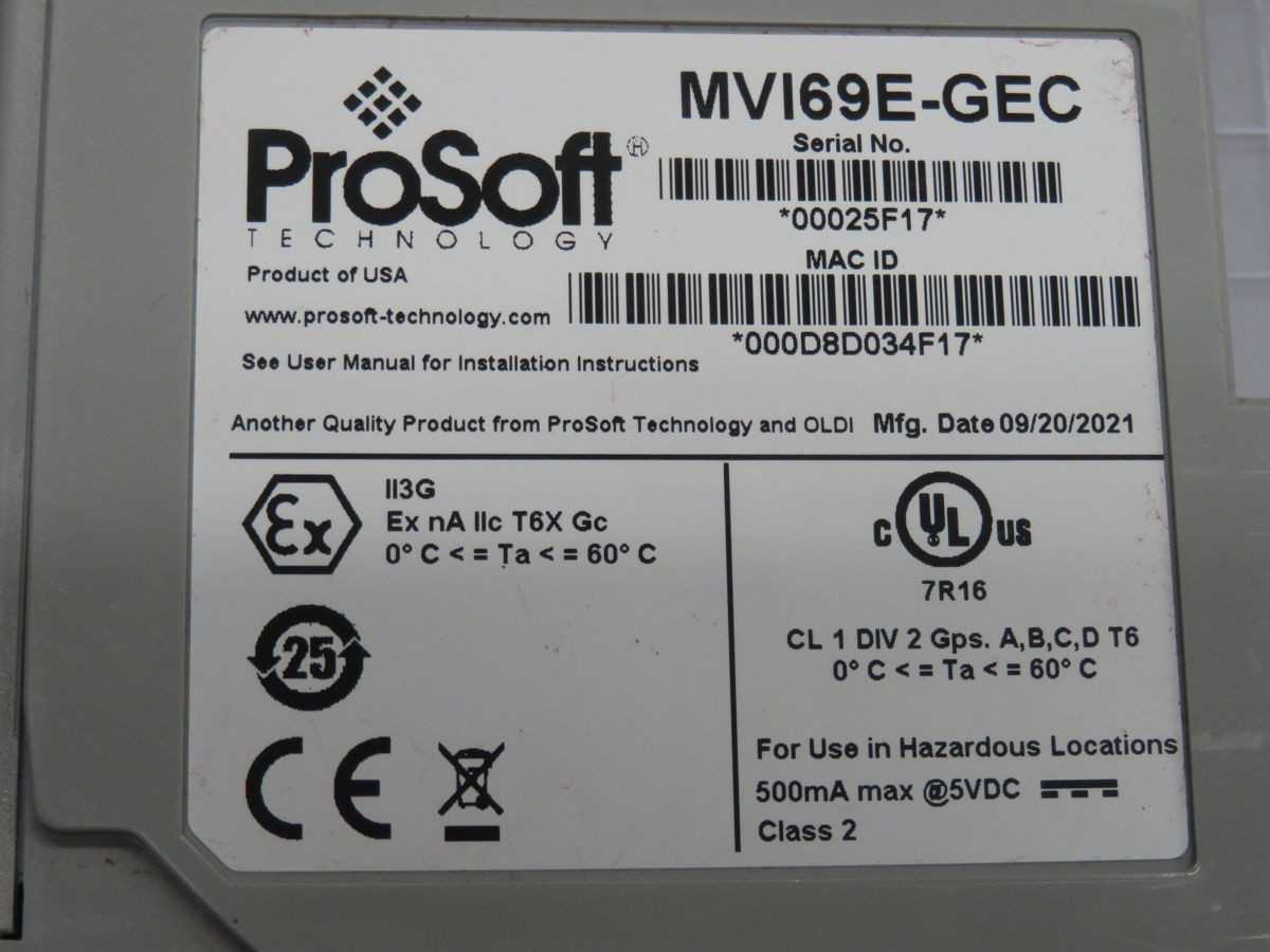 PROSOFT MVI69E-GEC MODULE, 1 SLOT, ASCII ETH, TCP/IP, UDP, COMPACTLOGIX/MLOGIX 1500 COMPATIBLE - PLC MODULES