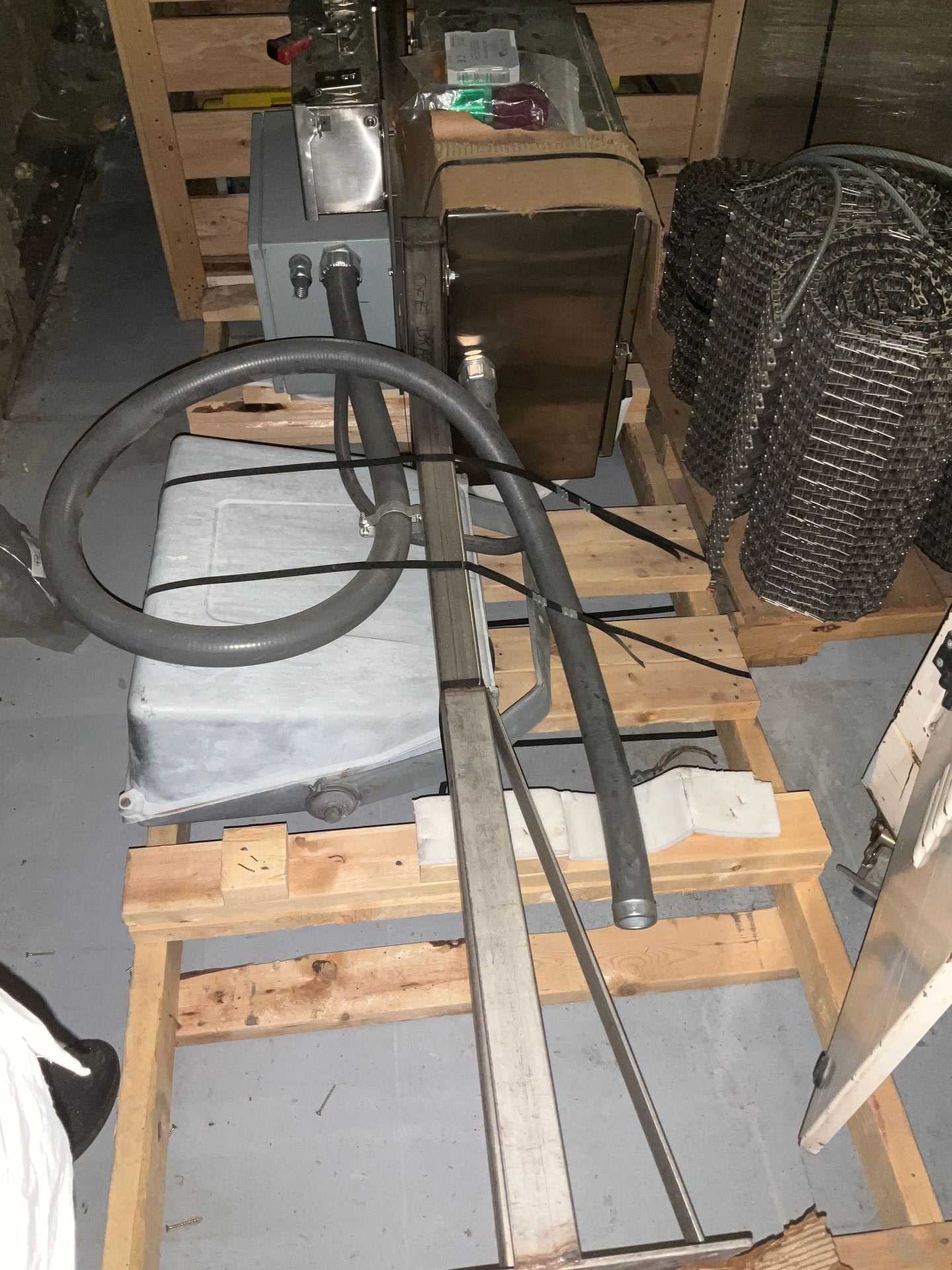 Lot of 2 Pallets with Assortment of Approximately 12 Metal Conveyor Belts and Electrical Controls - INDUSTRIAL PARTS