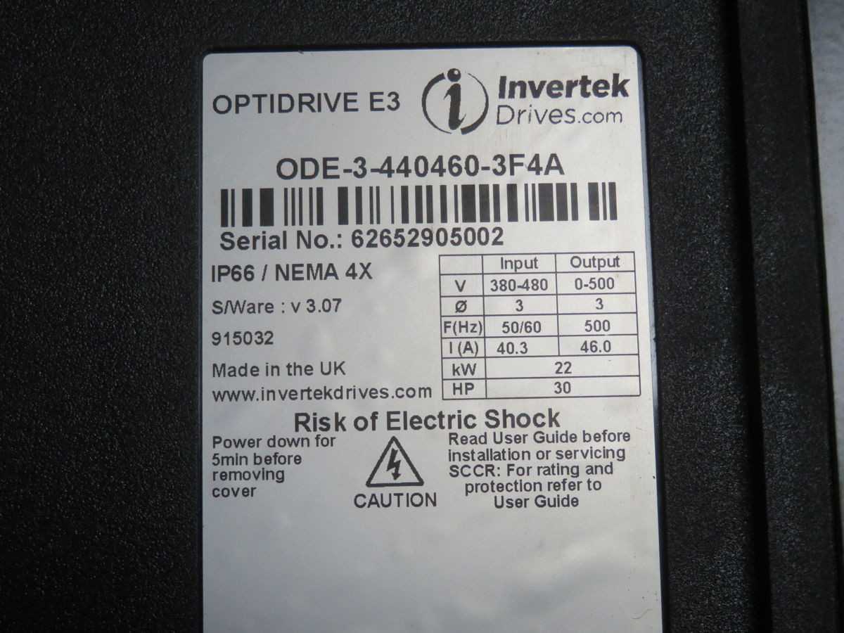 INVERTEK ODE-3-440460-3F4A VFD, 22 KW POWER, 380-480V IN, 46A OUT, 0-500 HZ FREQ, IP66 - AC VFD DRIVES