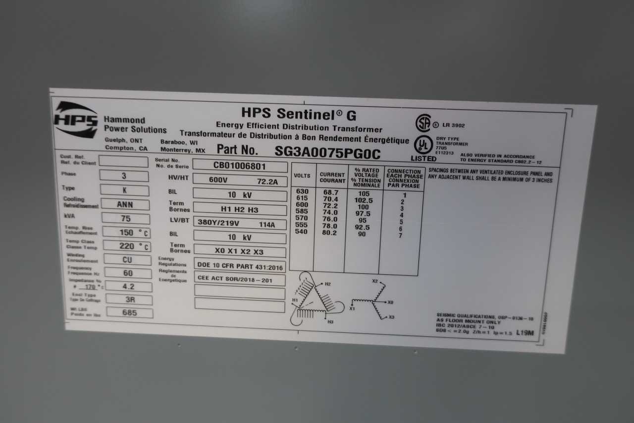 SKU 993464 - HAMMOND SG3A0075PG0C 75KVA TRANSFORMER - POWER TRANSFORMERS