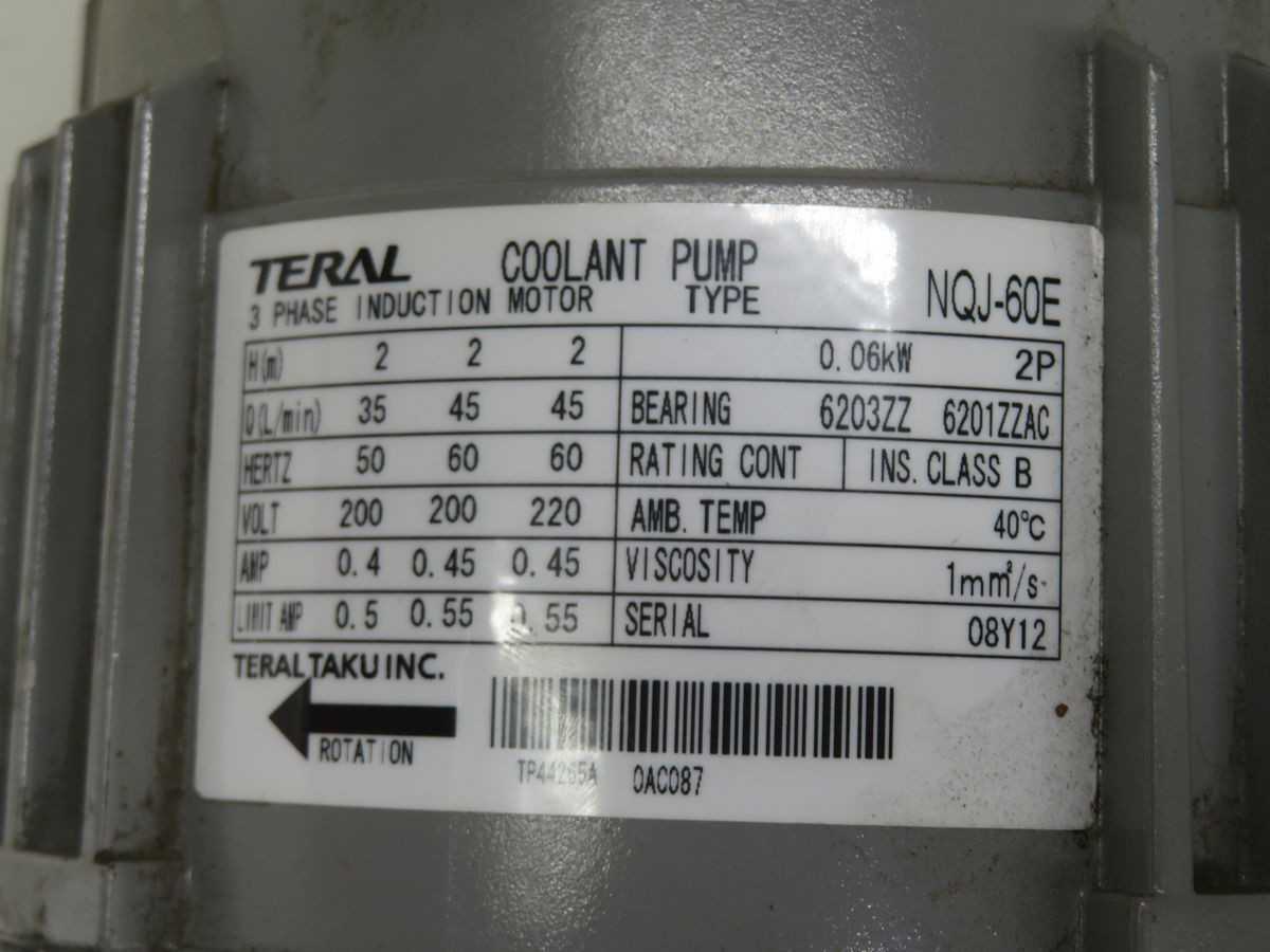 TERAL NQJ-60E COOLANT PUMP, 0.06KW POWER, 54 L/MIN DISCHARGE, 4.3 M HEAD, 4.8KG WEIGHT, IP44 - PUMPS