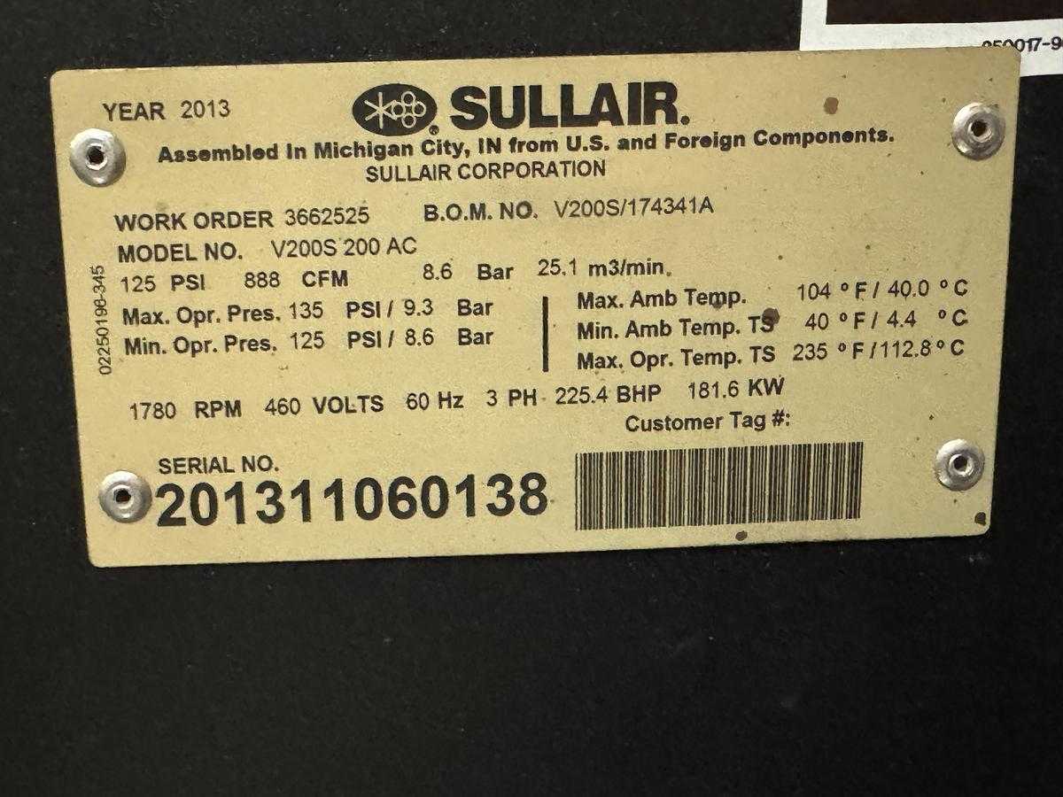 2013 SULLAIR V200S ROTARY SCREW AIR COMPRESSOR, 200 HP, 888 CFM, 125 PSI, 460V, 3-PHASE - AIR COMPRESSORS