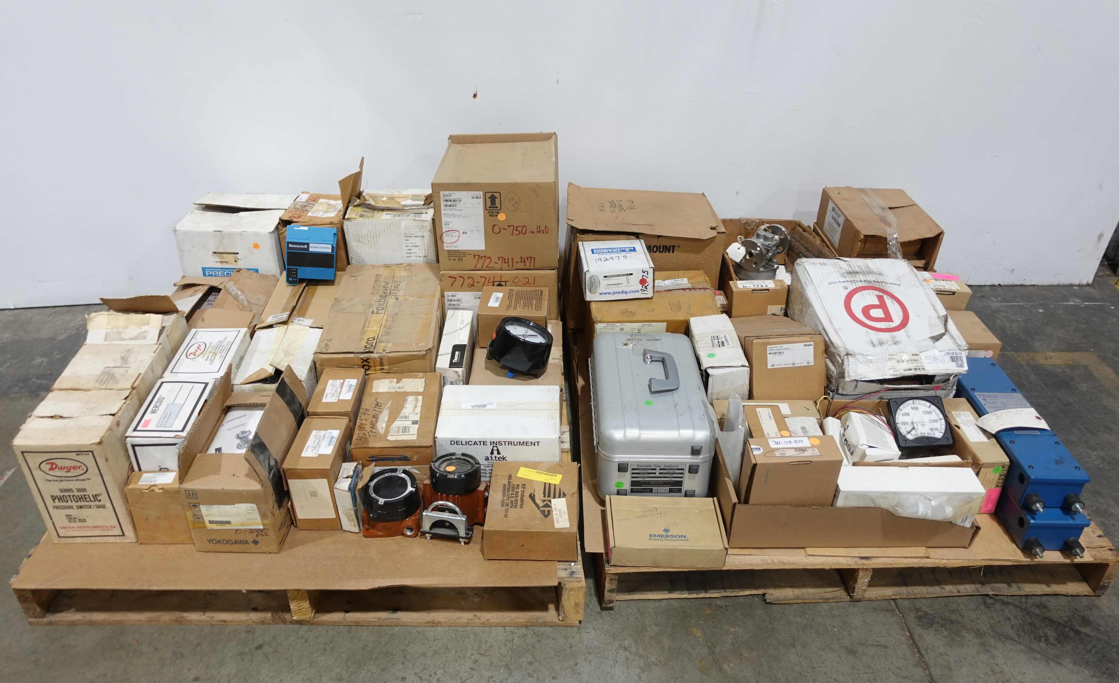 2 PALLETS OF ASSORTED INSTRUMENTATION, SWITCHES, SENSORS, GAUGES, METERS, TRANSMITTERS - INSTRUMENTATION