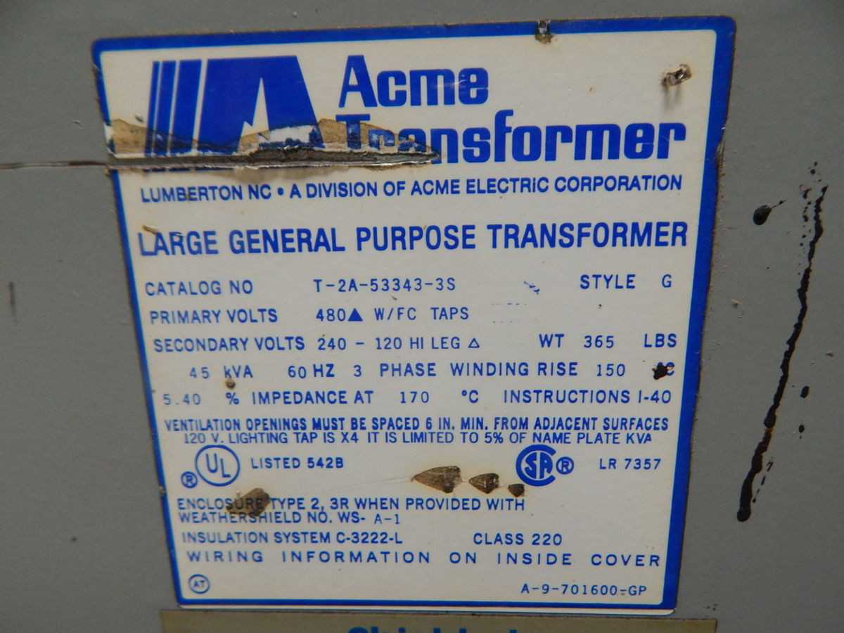 ACME T-2A-53343-3S XFMR, 3PH, 45 KVA, 60 HZ, 480V PRI, 220/120V SEC, AN COOLING, 220C INS - DRY TRANSFORMERS