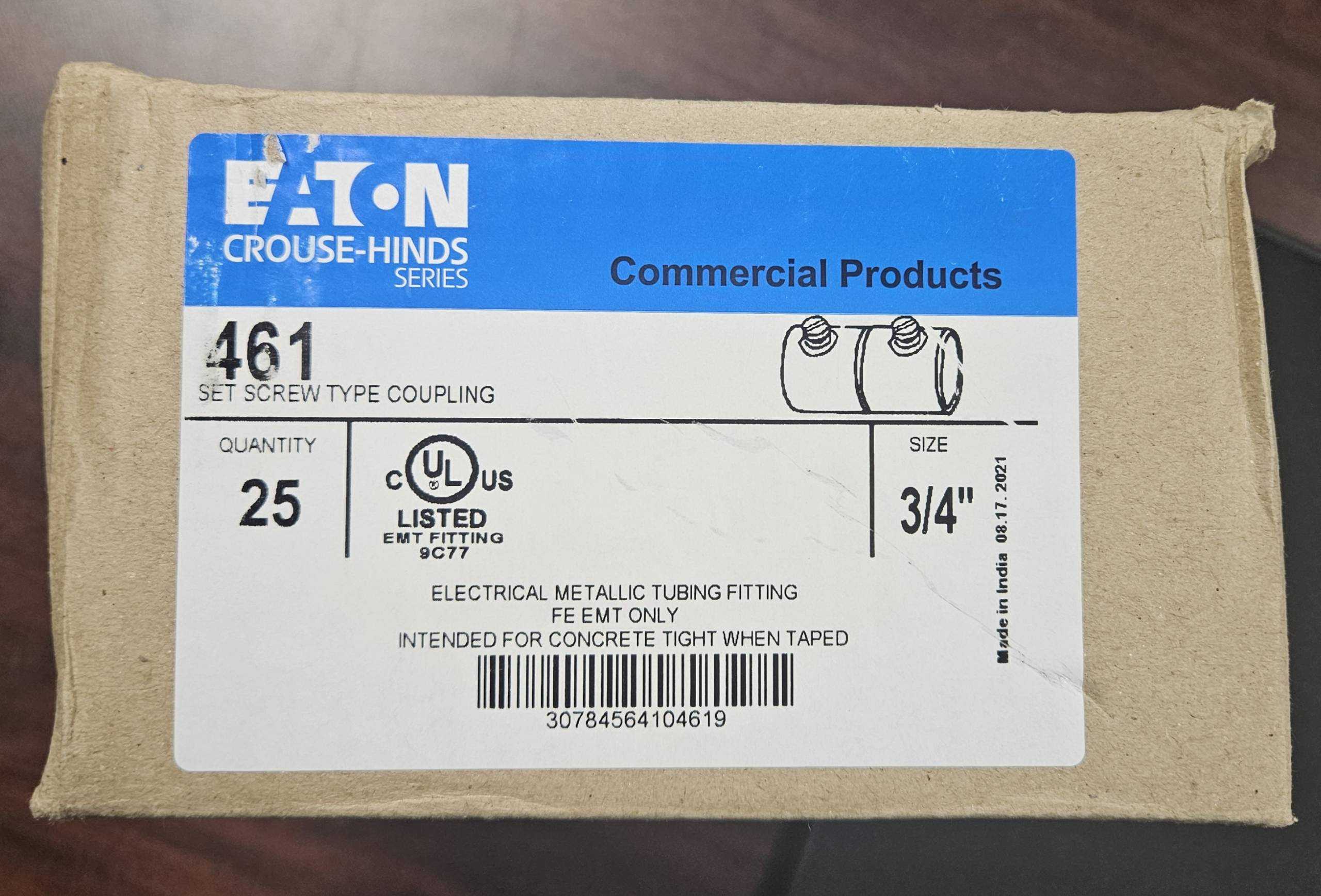 EATON CROUSE-HINDS 461 3/4" EMT SET SCREW COUPLING-BOX OF 25 - INDUSTRIAL PARTS