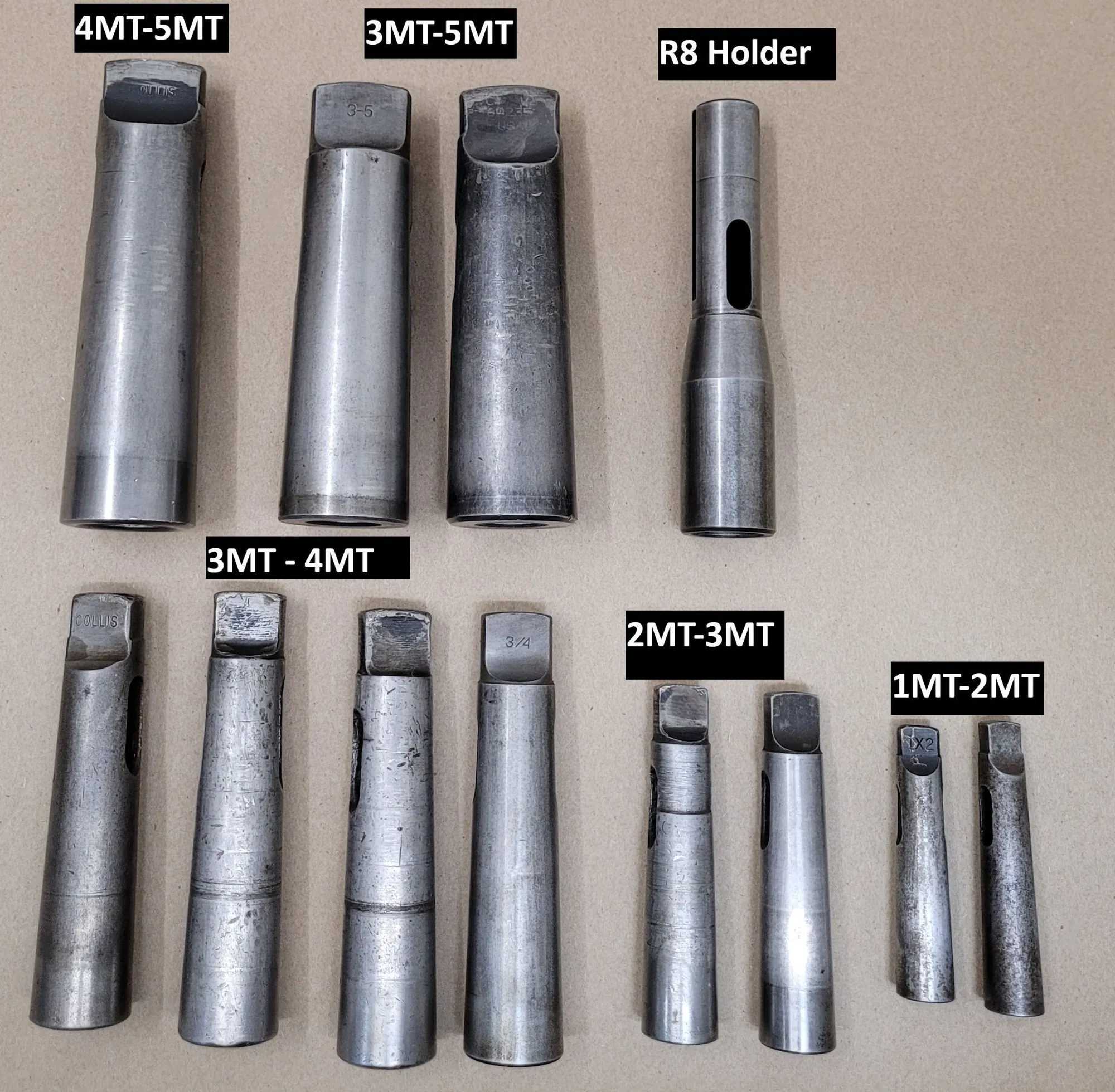 COLLIS 12-PIECE MORSE TAPER AND R8 HOLDER SLEEVE SET, 1MT-5MT, 24MM R8, 6-INCH LENGTH - MACHINE TOOLING