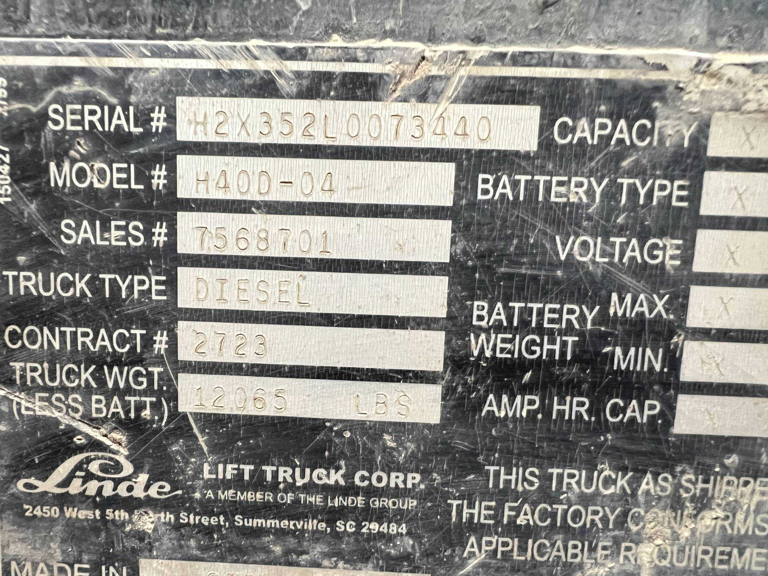 2000 LINDE H40D-04 SIT-DOWN FORKLIFT, 8000 LBS, DIESEL, PNEUMATIC, 178" MAX FORK HT - SIT-DOWN FORKLIFTS