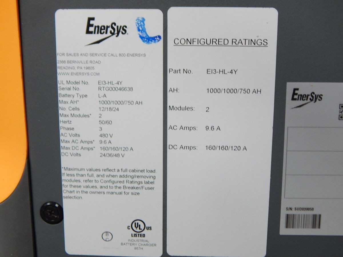 ENER SYS E13-HL-4Y FORKLIFT BATTERY CHARGER, 480 VAC 3-PHASE INPUT, 24V-48V OUTPUT, MAX 1000 AH CAPACITY - UPS BATTERY