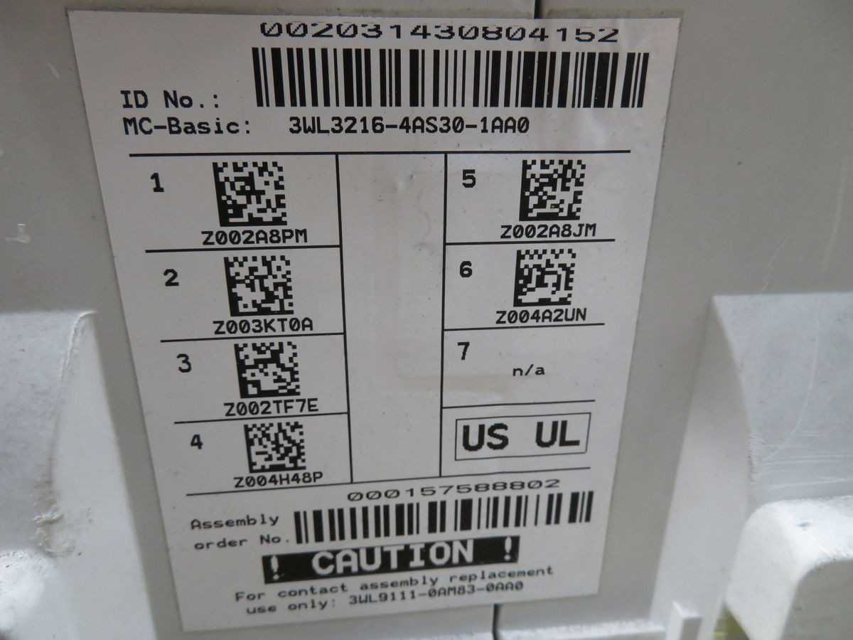 SIEMENS WLS2A316 S2A308GV1CXLCEN ACB, 3-POLE, 1600A, 600V AC, ICU: 65KA@600V - CIRCUIT BREAKERS