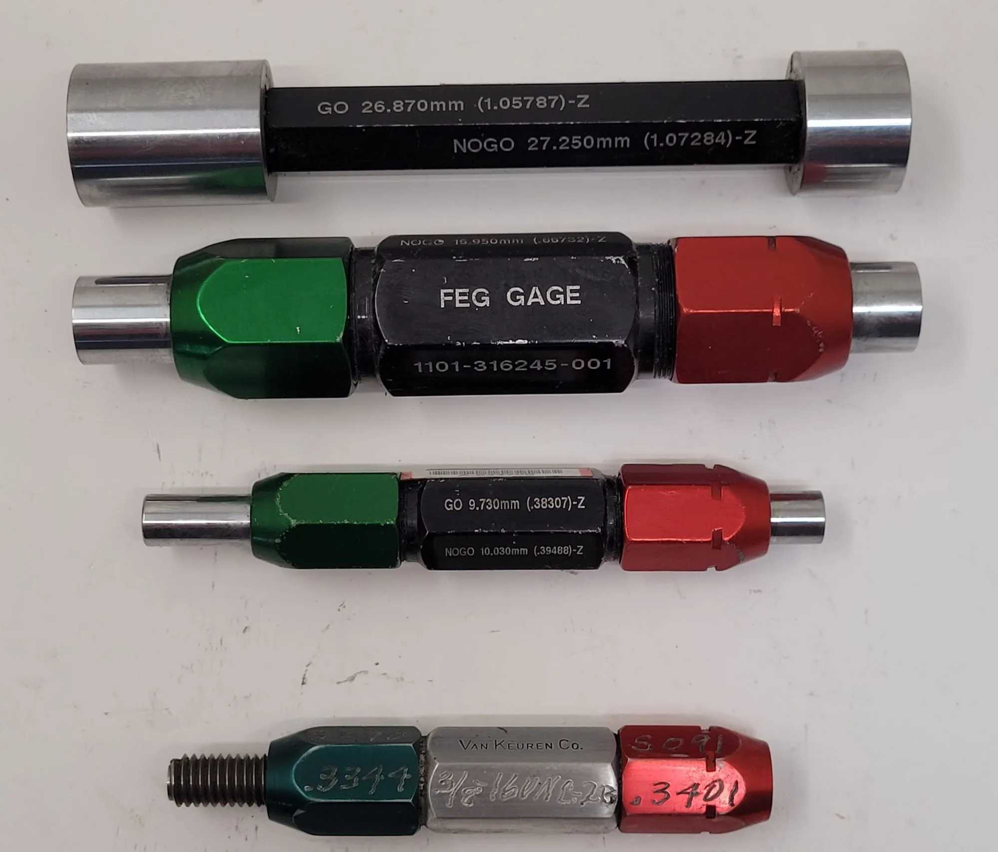 FEG GAGE GO/NO GO PLUG GAUGE SET OF 4 – VARIOUS SIZES - MACHINE TOOLING