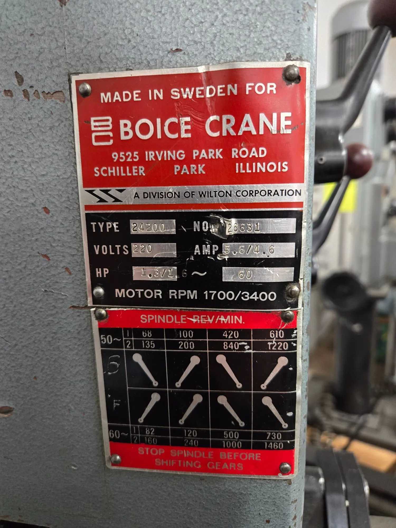 BOICE CRANE 24200 GEARED HEAD DRILL PRESS, 12" THROAT, 8-SPEED, #3MT SPINDLE, 1.6 HP - UPRIGHT DRILL PRESSES