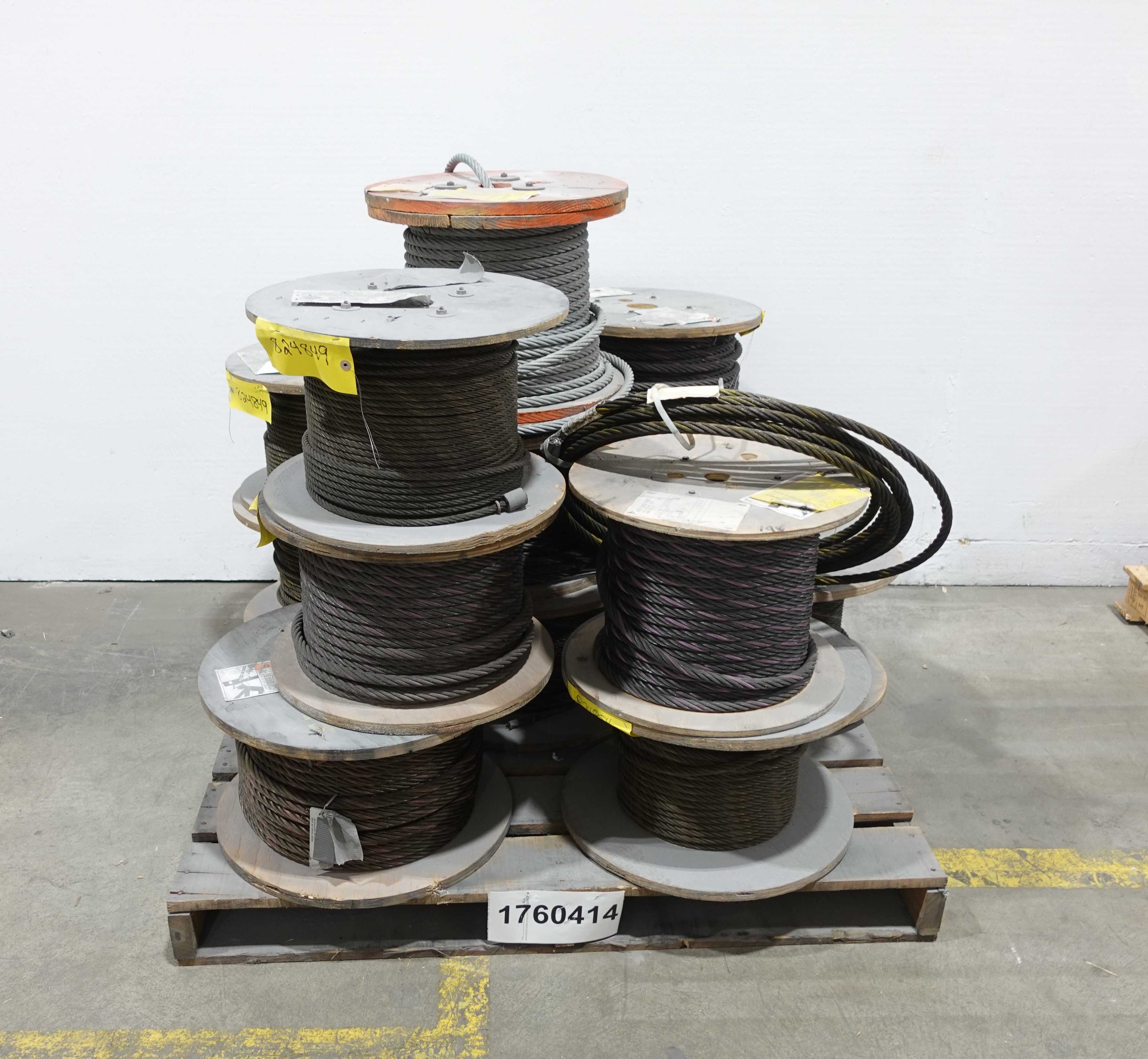 SKU 1760414 - PALLET OF ASSORTED SPOOLS OF WIRE ROPE - LIFTING EQUIPMENT