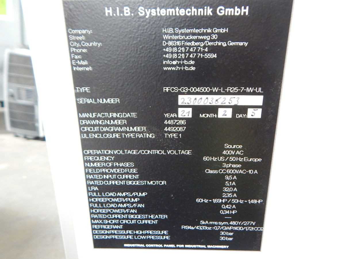 H.I.B. SYSTEMTECHNIK RFCS-G3-004500-W-L-R25-7-IW-UL REFRIGERATED FLUID CHILLER SYSTEM 400VAC - CHILLERS