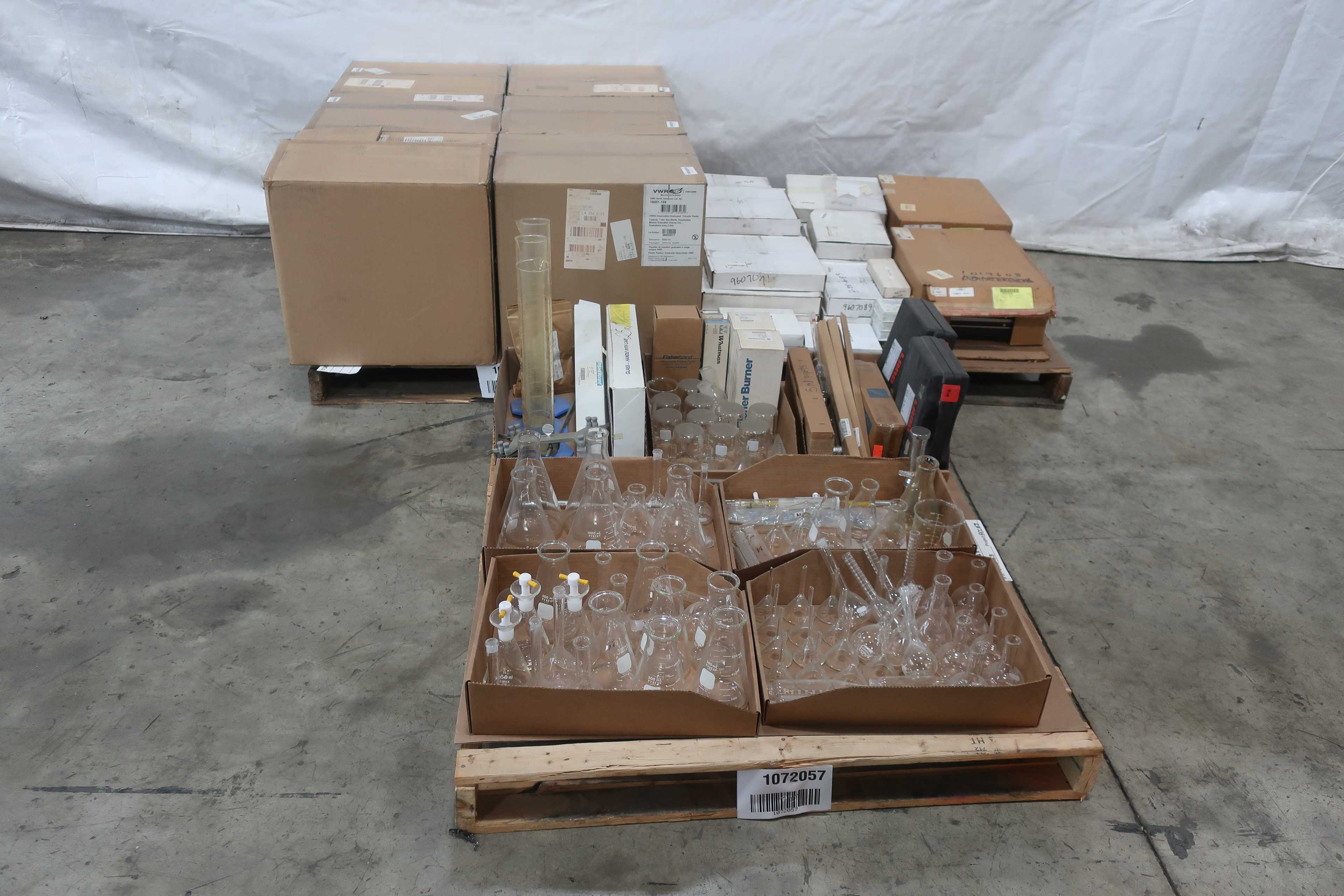 3 PALLETS OF ASSORTED SCIENTIFIC GLASSWARE AND TEST KIT EQUIPMENT - LAB & SCIENTIFIC