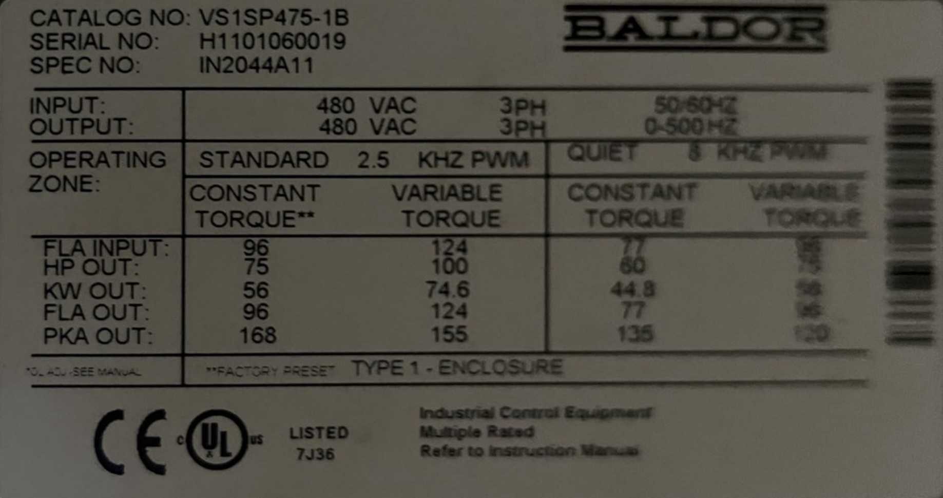 BALDOR VS1SP475-1B INVERTER DRIVE - AC VFD DRIVES