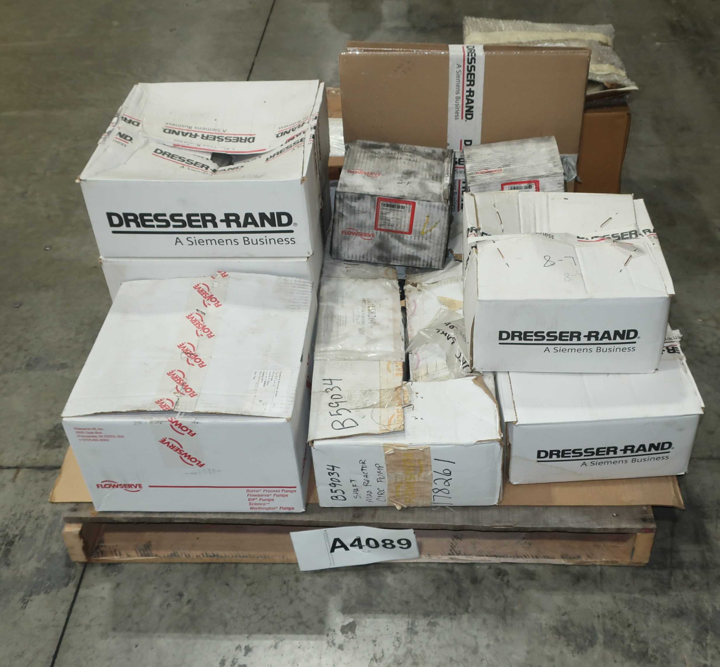 PALLET OF ASSORTED PUMP PARTS, DIAPHRAGM, RINGS, SEALS, COVERS, DRESSER RAND, FLOWSERVE - PUMP REPLACEMENT PARTS