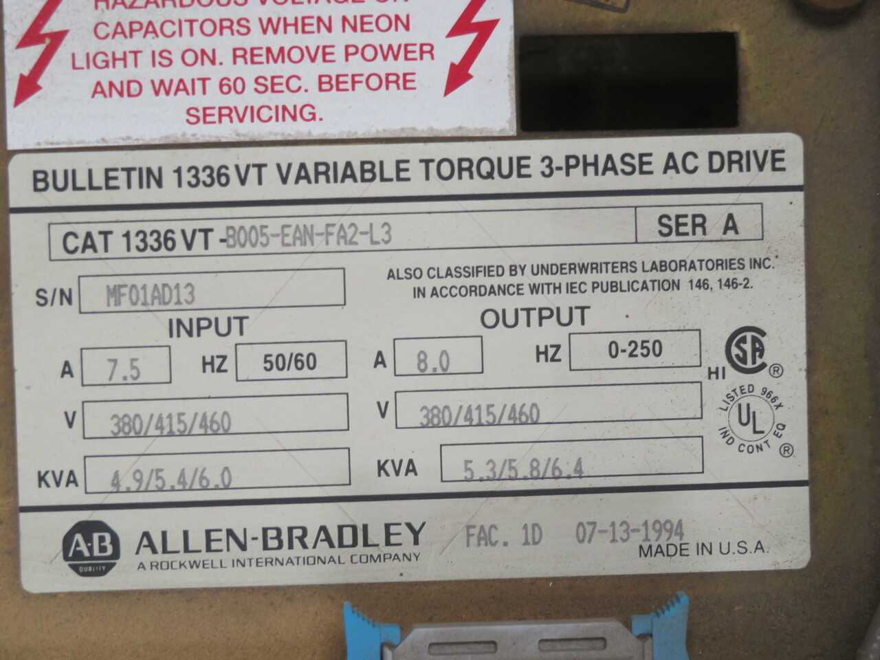 ALLEN BRADLEY 1336 VT-8005-EAN-FA2-L3 AC DRIVES, 380-460V INPUT V, 5HP MOTOR POWER - AC VFD DRIVES