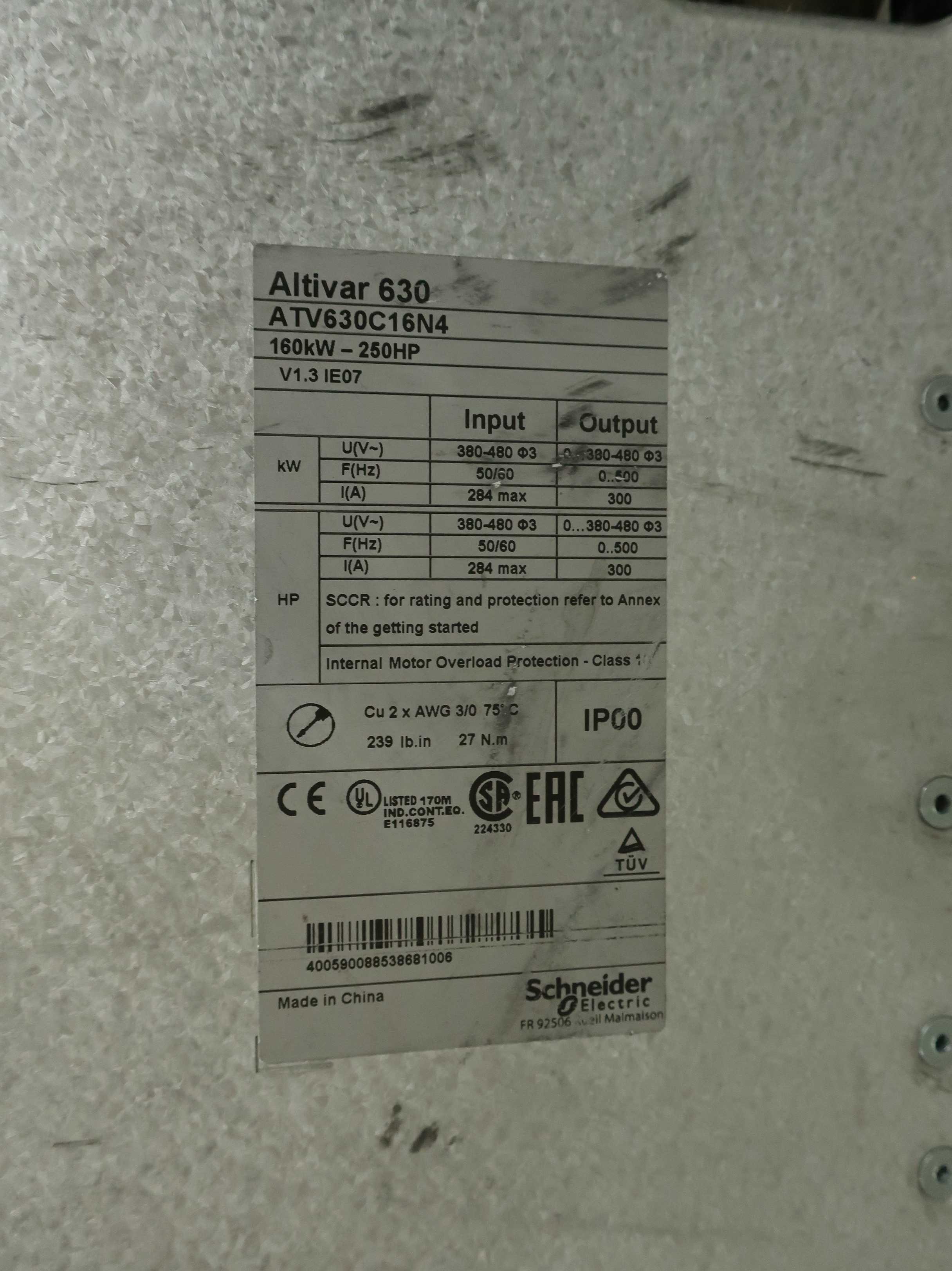 LOT OF 2 SCHNEIDER ELECTRIC ATV630C16N4 AC VFD DRIVES, 160KW, 250HP - AC VFD DRIVES