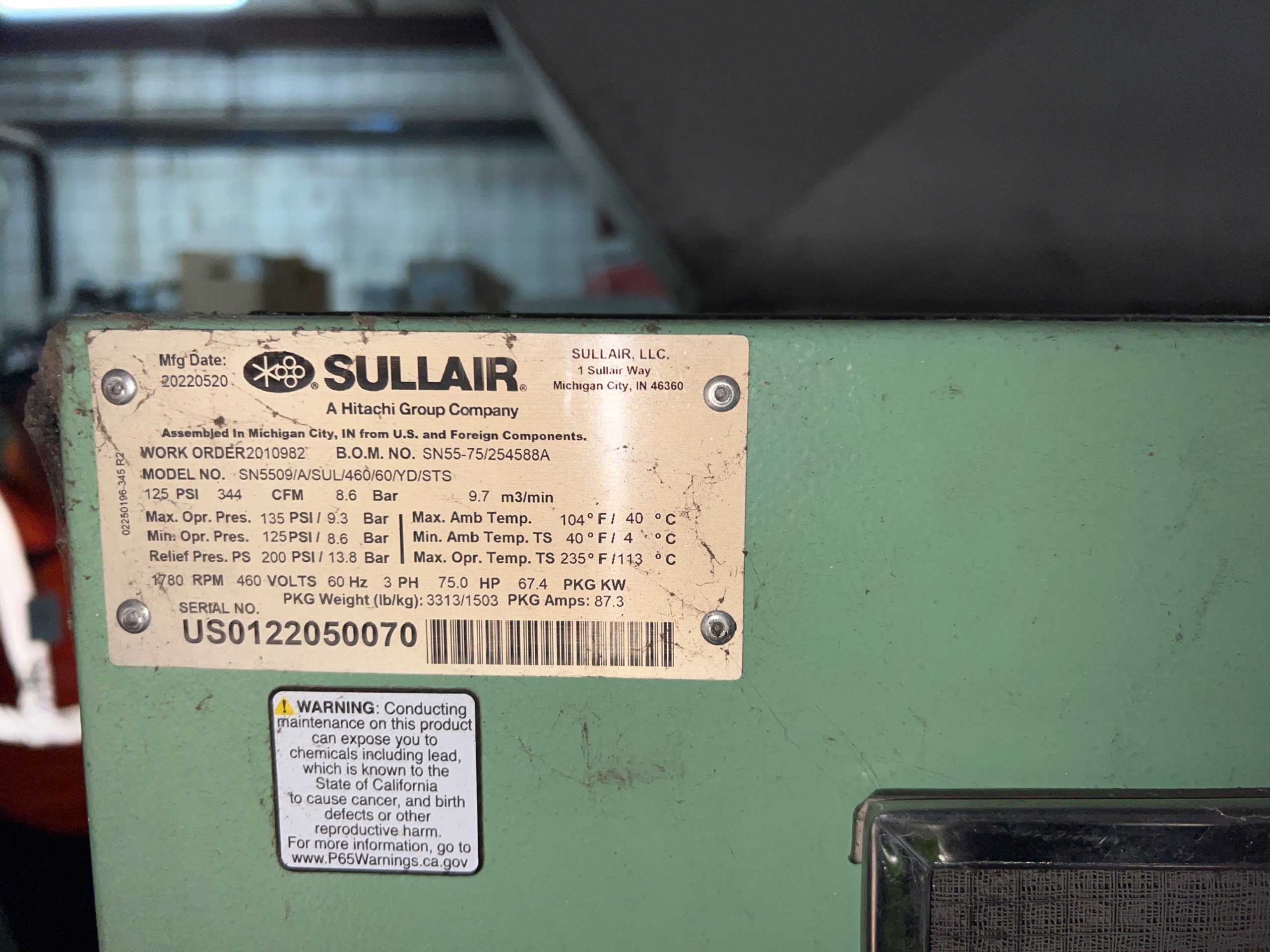 2022 SULLAIR SN5509/A/SUL/460/60/YD/STS STATIONARY AIR COMPRESSOR - STATIONARY AIR COMPRESSOR