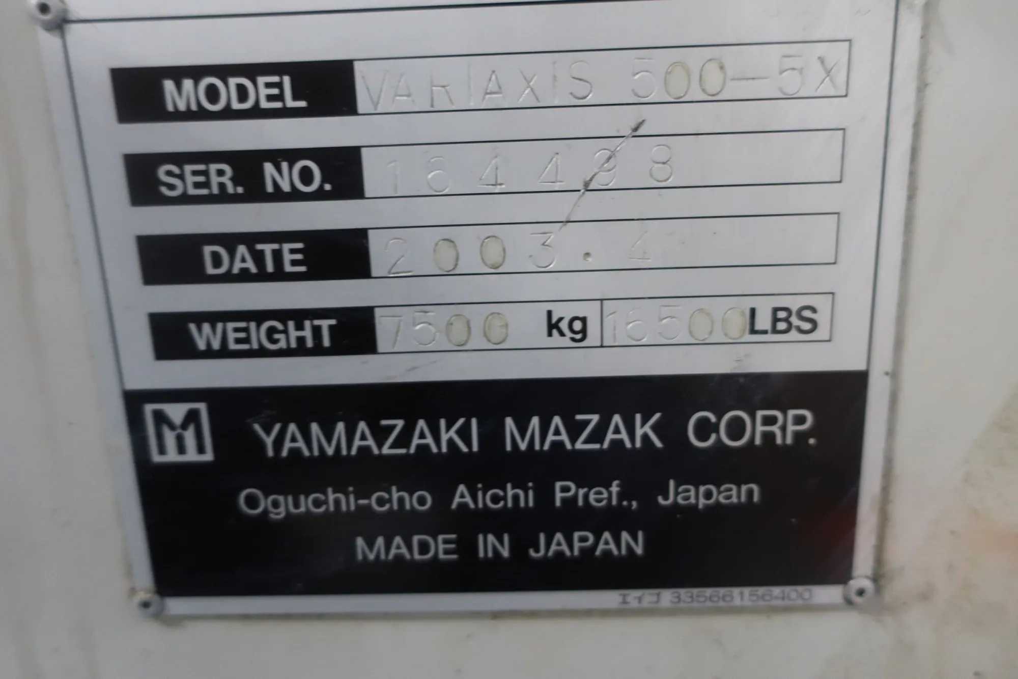 2003 MAZAK VARIAXIS 500-5X 5-AXIS VMC, 10,000 RPM, 25 HP, CAT 40, 40 ATC, MAZATROL 640M 5X - VERTICAL MACHINING CENTERS