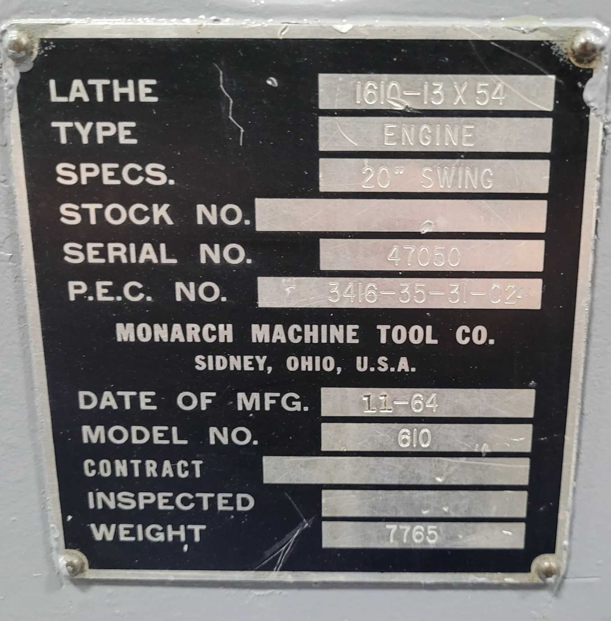 1978 MONARCH 610 ENGINE LATHE, 20" X 54", 10HP, 1500RPM, 2.25" BORE, D1-6, 12" CHUCK - MANUAL LATHES