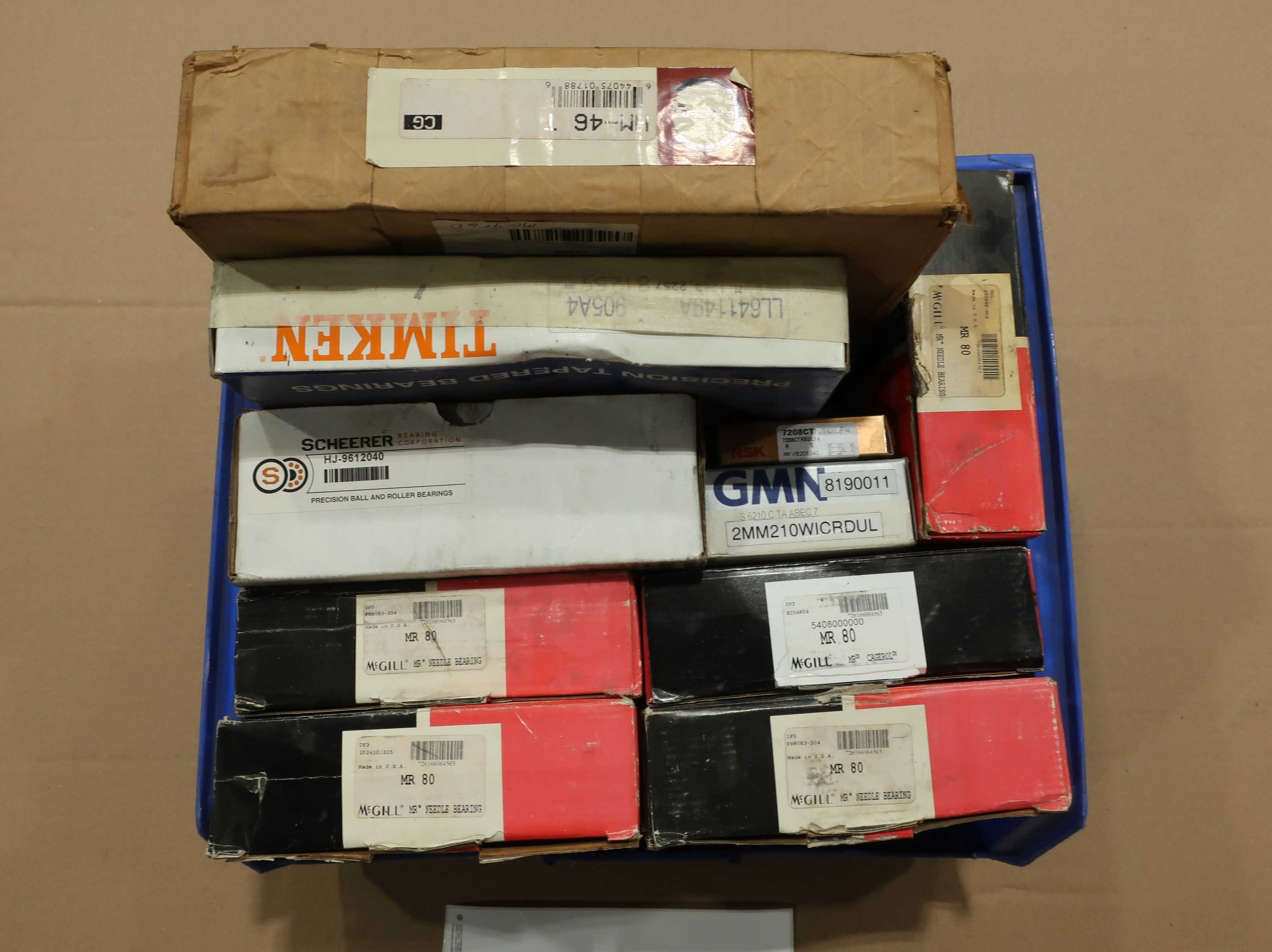 SKU 1739654 - TOTE OF ASSORTED PRECISION BEARINGS, NSK, CONSOLIDATED, TIMKEN, MCGILL, GMO - BEARINGS