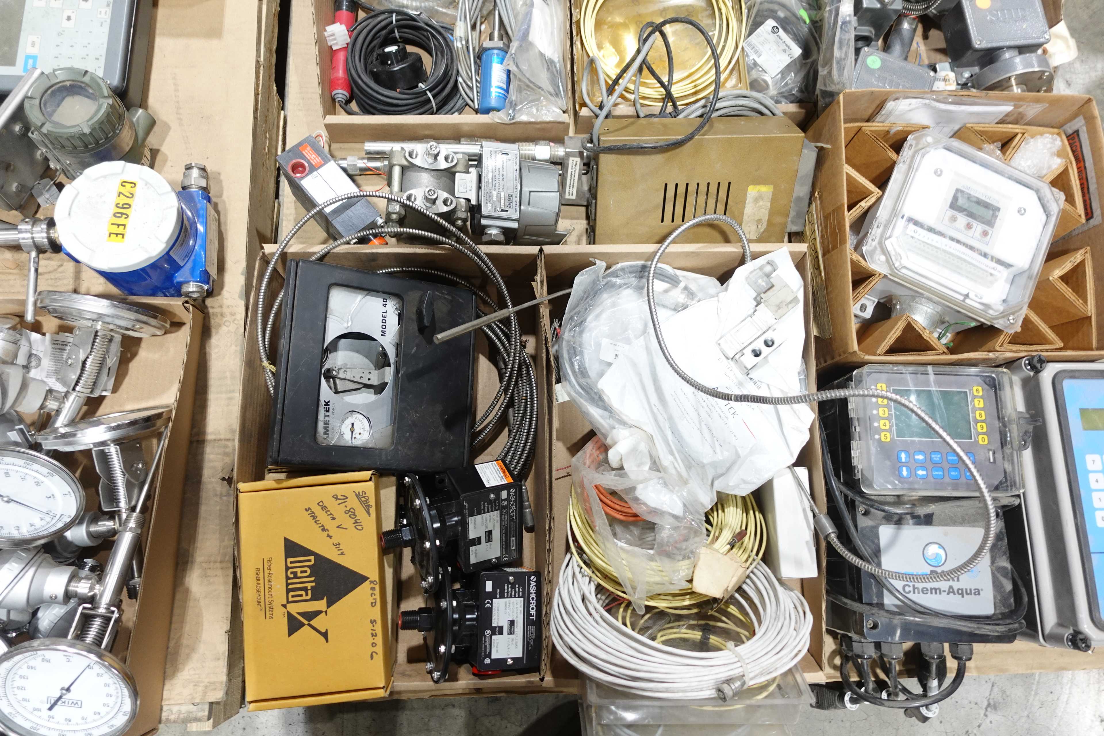 4 PALLETS OF ASSORTED INSTRUMENTATION, DELTA V, DWYER, HONEYWELL, HACH, FOXBORO, EMERSON - INSTRUMENTATION