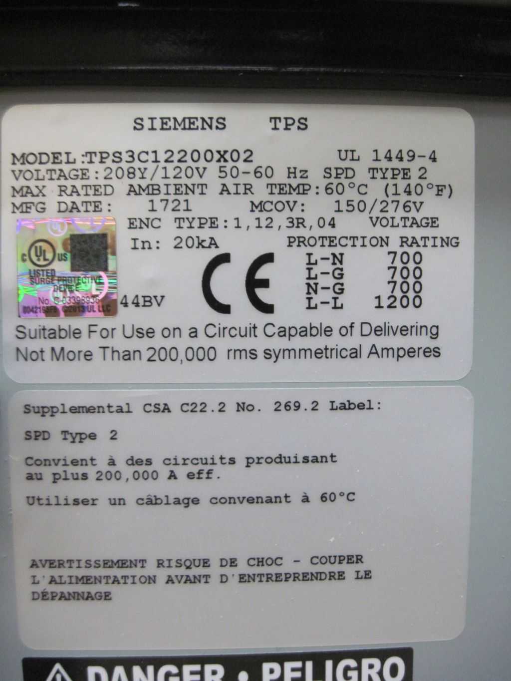 2017 SIEMENS TPS3C12200X02 SURGE PROTECTION DEVICE - SURGE SUPPRESSOR