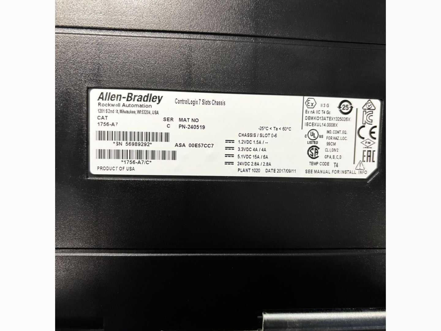 2017 ALLEN-BRADLEY CONTROLLOGIX 7 SLOTS CHASSIS PLC RACK & POWER SUPPLY - PLC MODULES