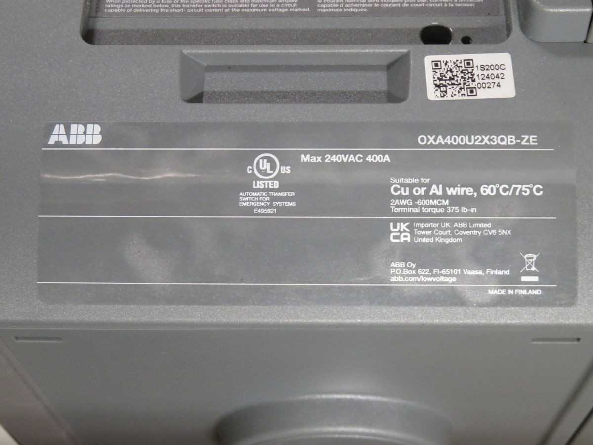 ABB OXA400U2X3QB-ZE ATS, 400 AMP CURRENT, 3 POLE, NEMA 3R ENCLOSURE, 600V AC VOLTAGE - AUTOMATIC TRANSFER SWITCH