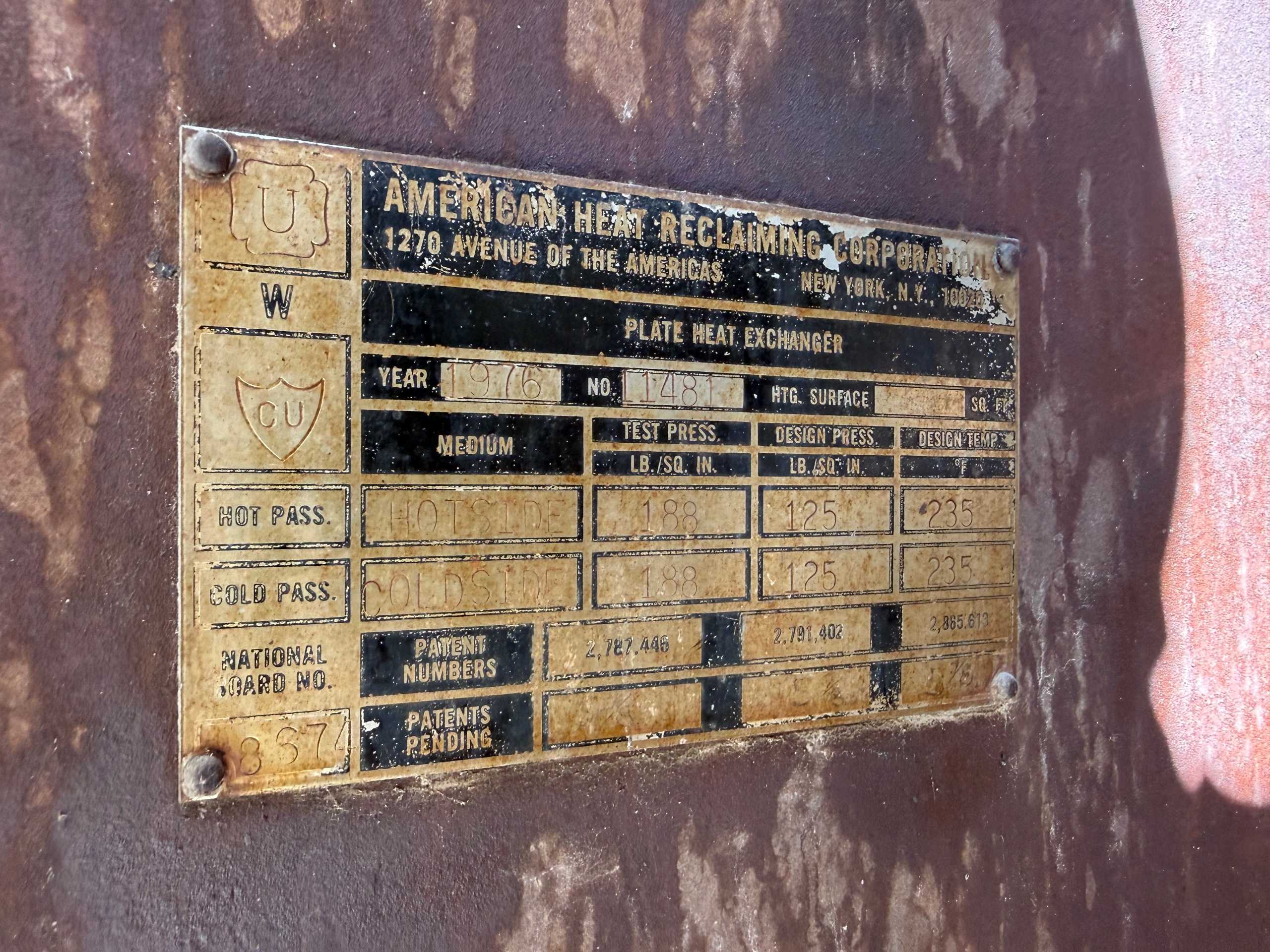 1976 AMERICAN HEAT RECLAIMING CORP. HEAT EXCHANGER - PLATE HEAT EXCHANGER