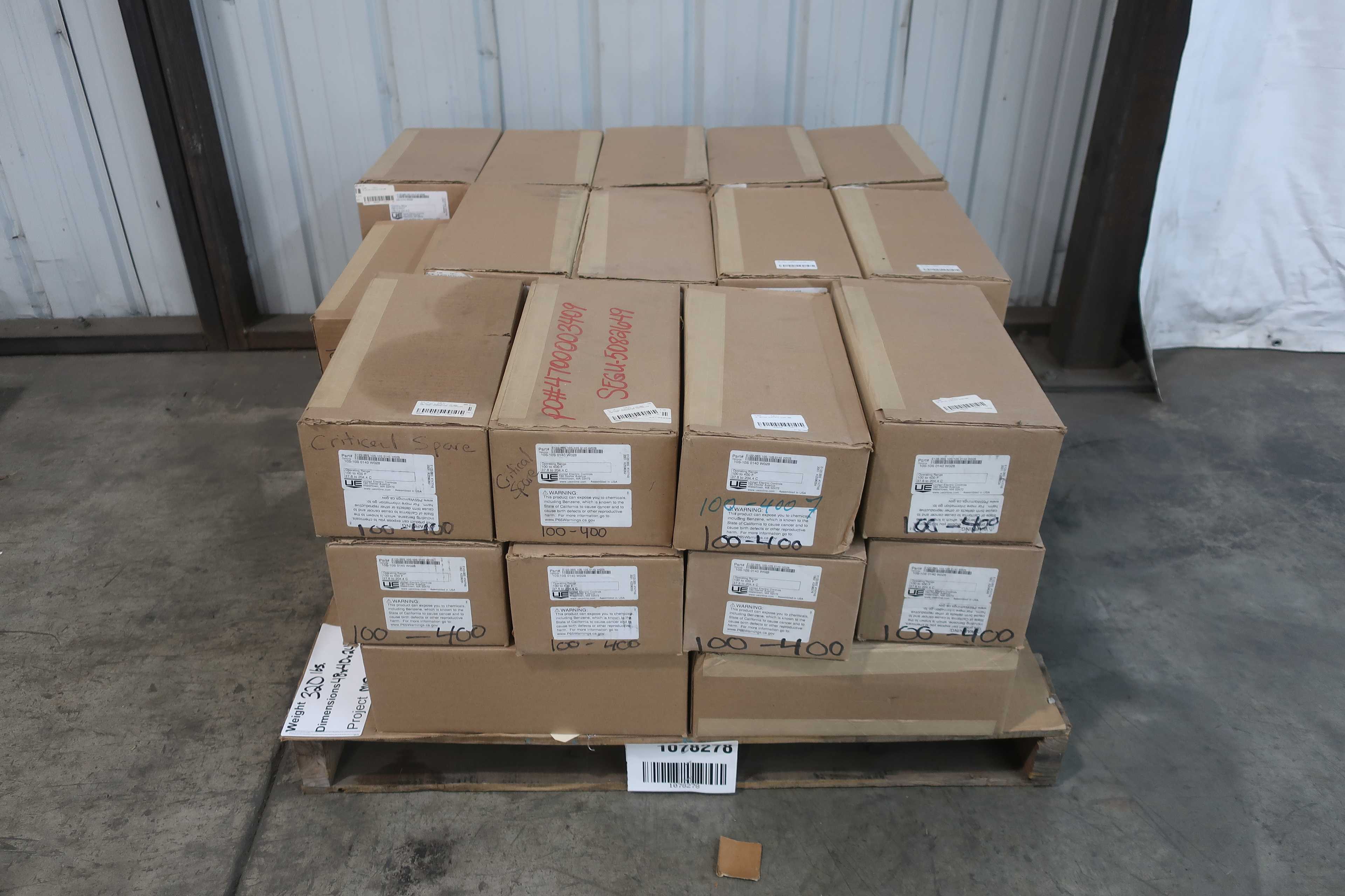 PALLET OF UNITED ELECTRIC TEMPERATURE CONTROLLERS AND SENSORS