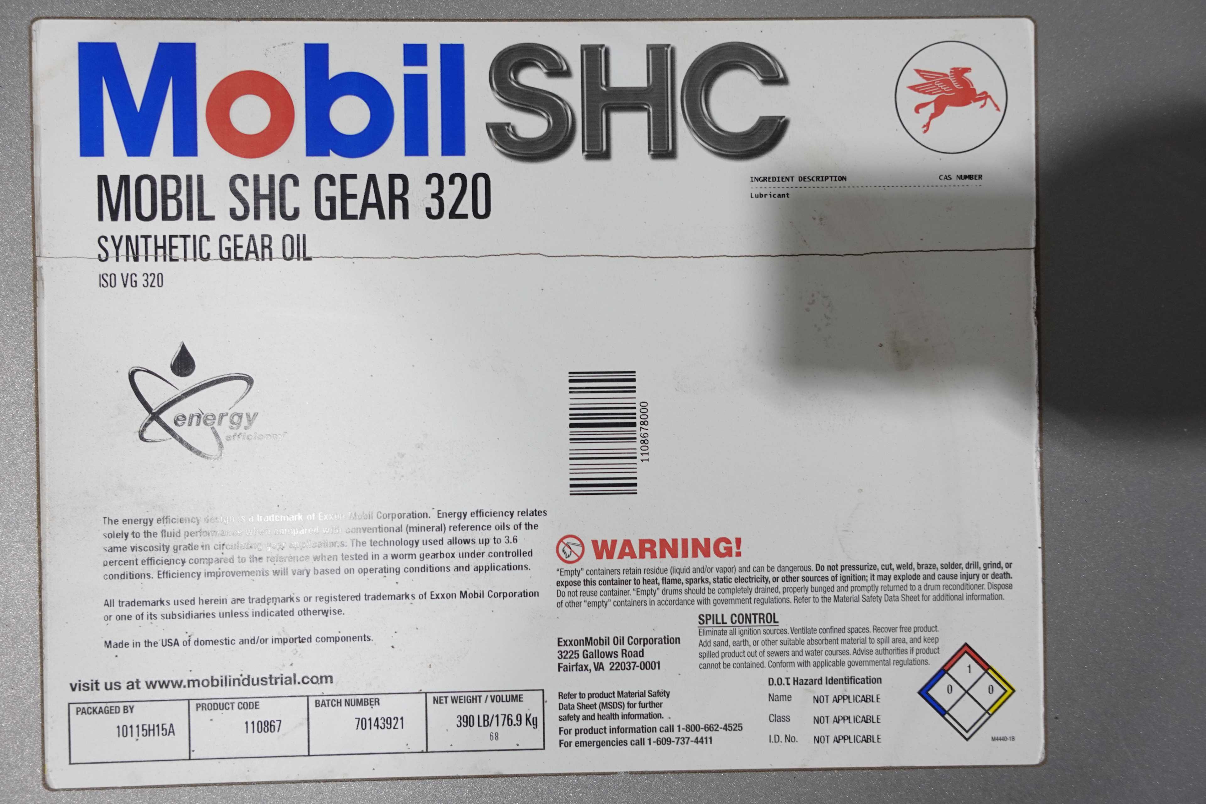 LOT OF 6 DRUMS OF ASSORTED MOBIL SHC SYNTHETIC GEAR OIL - MISCELLANEOUS
