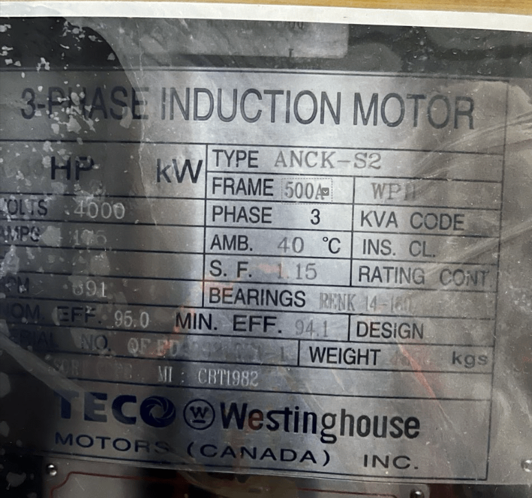 2015 TECO WESTINGHOUSE ANCK-S2 1250 HP INDUCTION MOTOR - ELECTRIC MOTORS