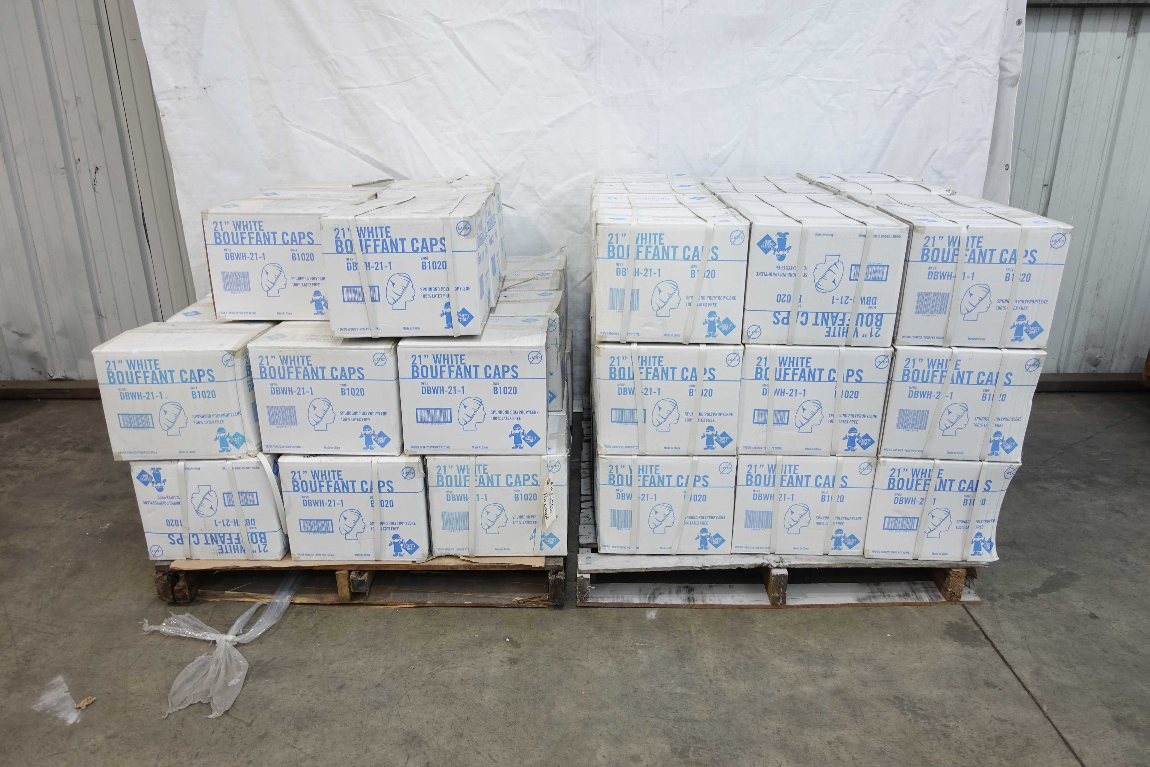 2 PALLETS OF SAFETY ZONE WHITE BOUFFANT CAPS, NEW IN BOX - PPE