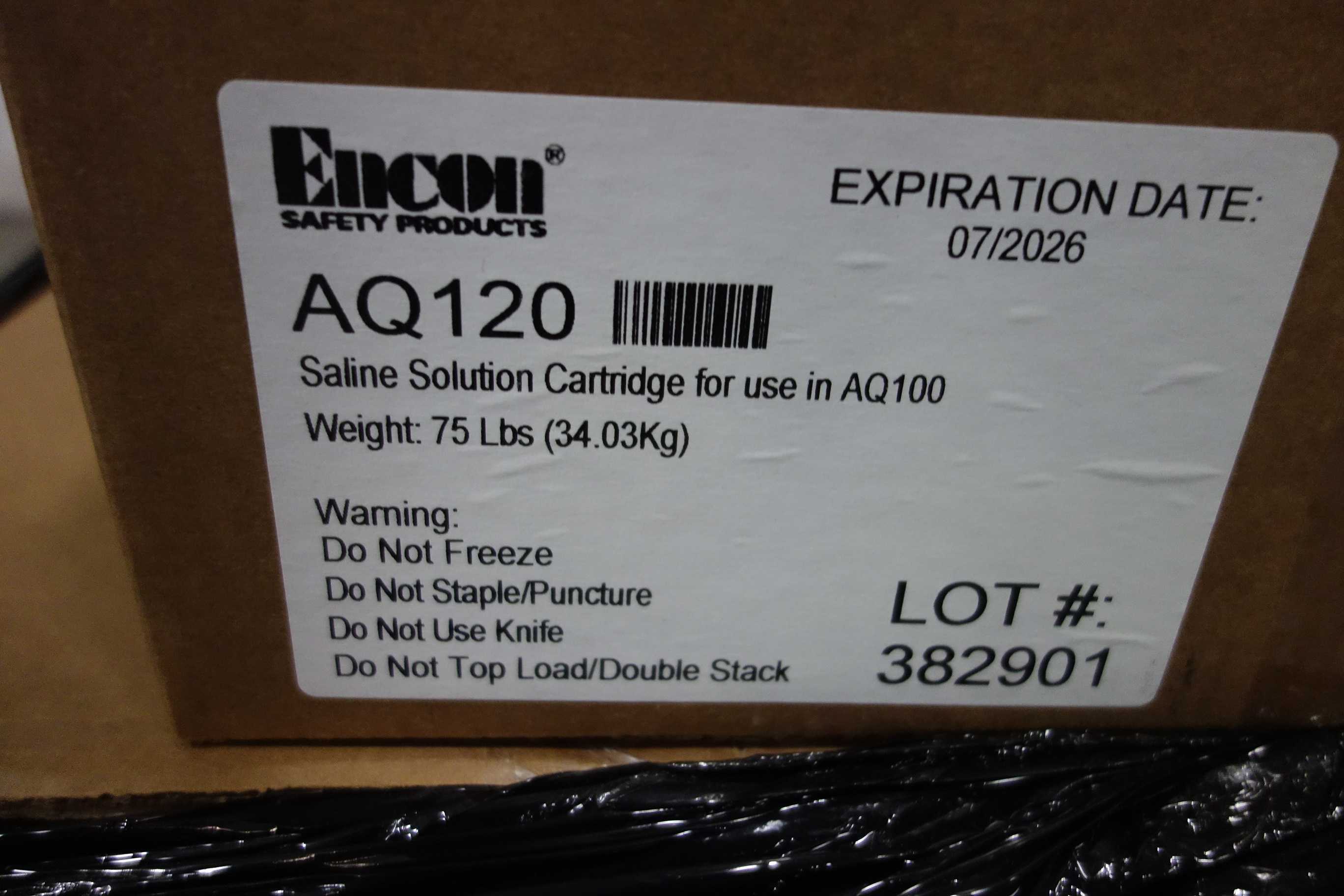 LOT OF 6 BOXES OF ENCON AQ120 SALINE SOLUTION CARTRIDGES FOR AQUQRION EYE WASH STATIONS - SAFETY EQUIPMENT