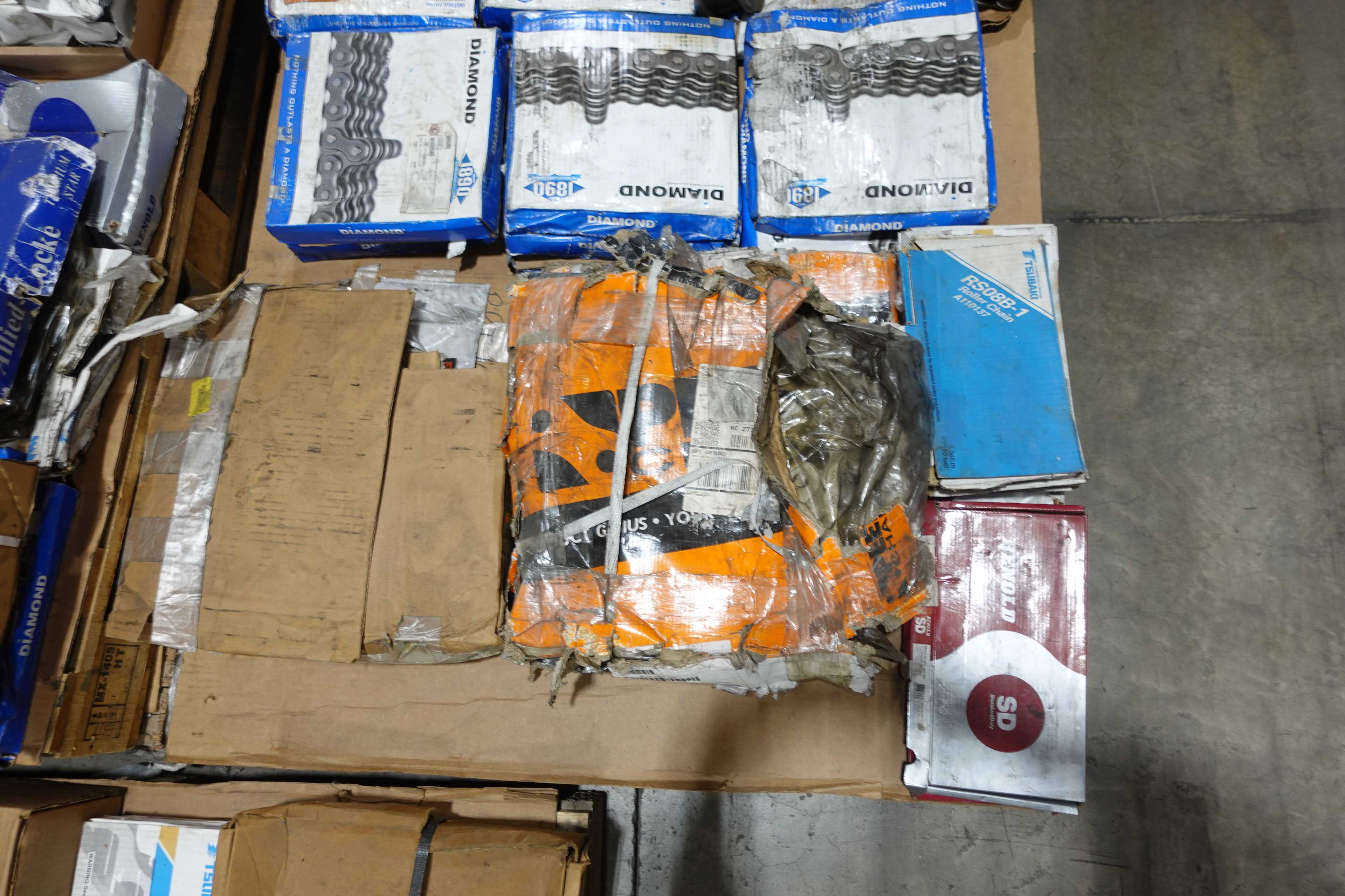 3 PALLETS OF ASSORTED ROLLER CHAINS, TSUBAKI, HHK, ALLIED-LOCKE, RENOLD DIAMOND - ROLLER CHAIN