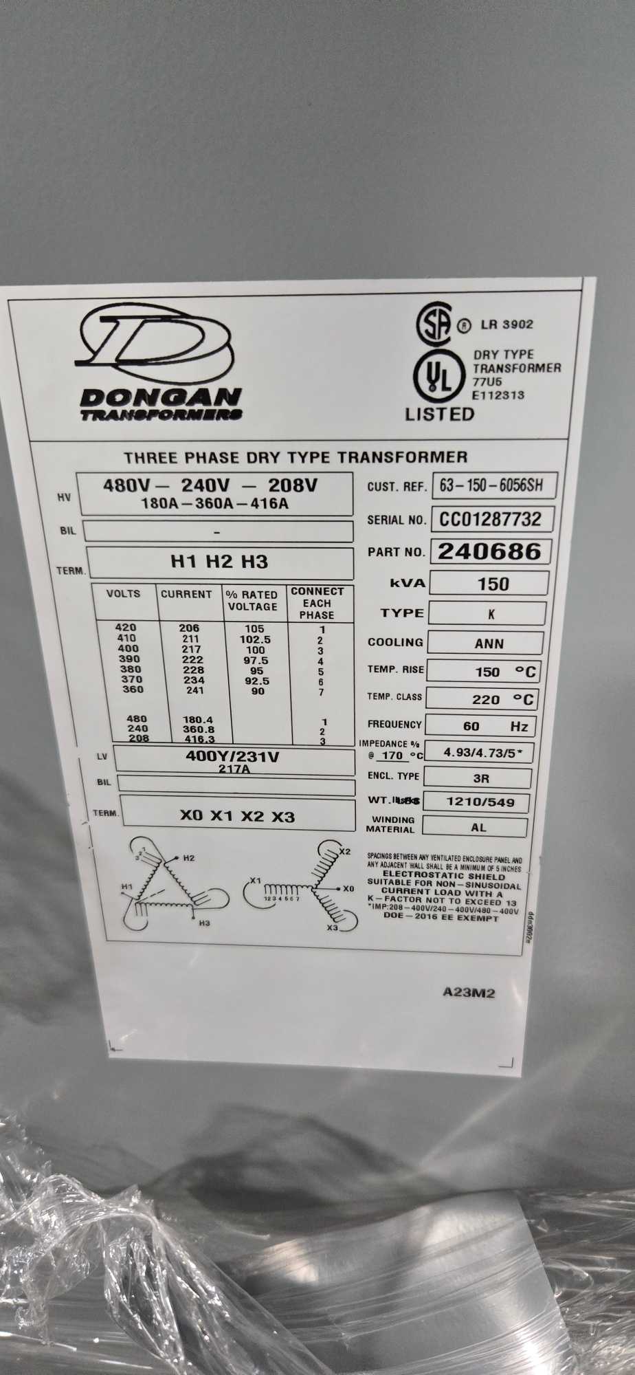 2024 DONGAN 63-150-6056SH DRY POWER DISTRIBUTION TRANSFORMER - DRY POWER DISTRIBUTION TRANSFORMER